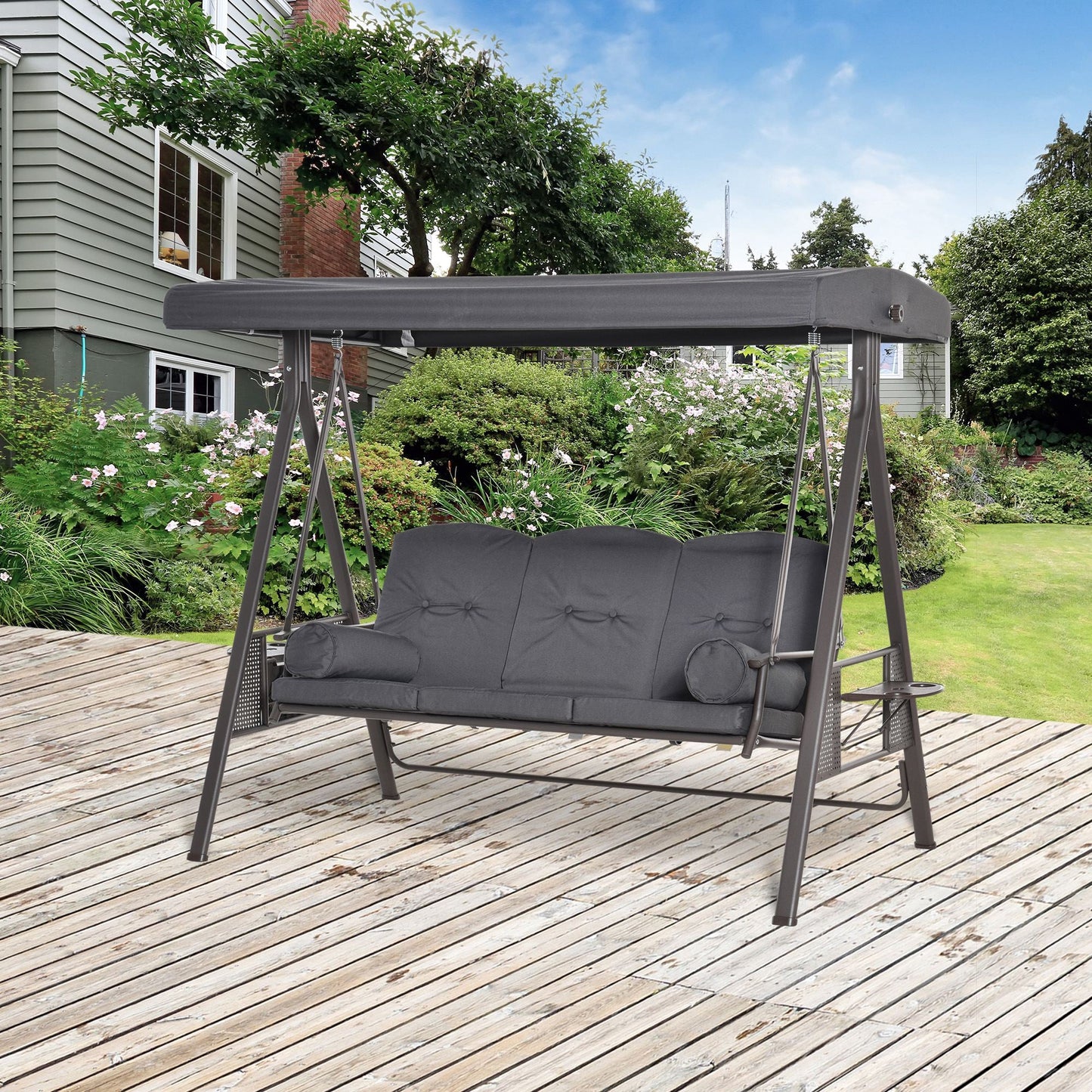 3 Seater Porch Swing Heavy Duty Outdoor Swing Chair Outdoor Lounge Hammock Cushioned Seat w/ Tilt Canopy, Dark Grey