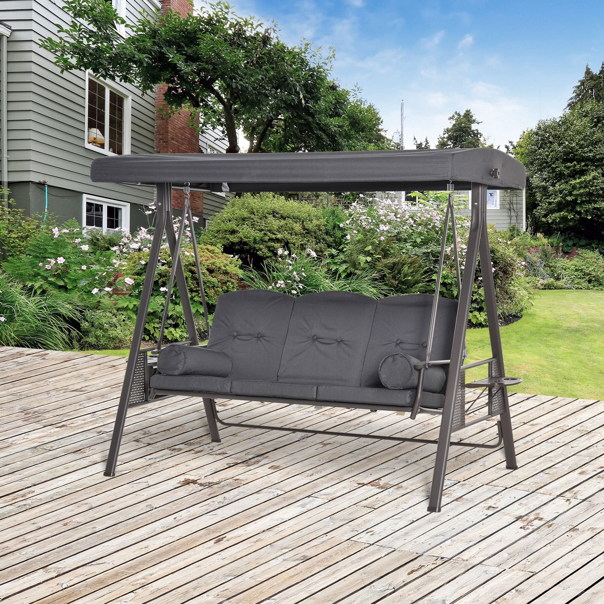 3 Seater Porch Swing Heavy Duty Outdoor Swing Chair Outdoor Lounge Hammock Cushioned Seat w/ Tilt Canopy, Dark Grey