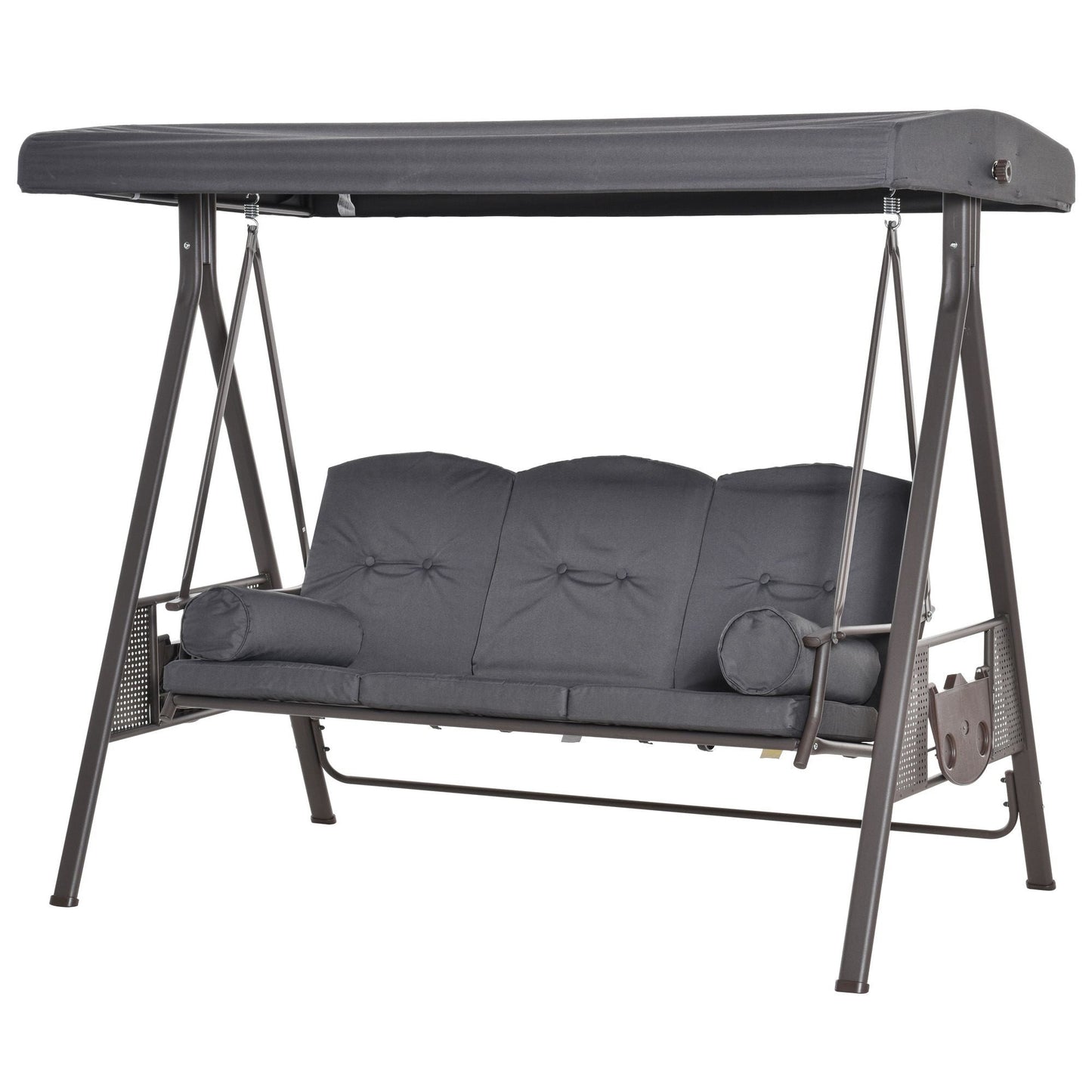 3 Seater Porch Swing Heavy Duty Outdoor Swing Chair Outdoor Lounge Hammock Cushioned Seat w/ Tilt Canopy, Dark Grey