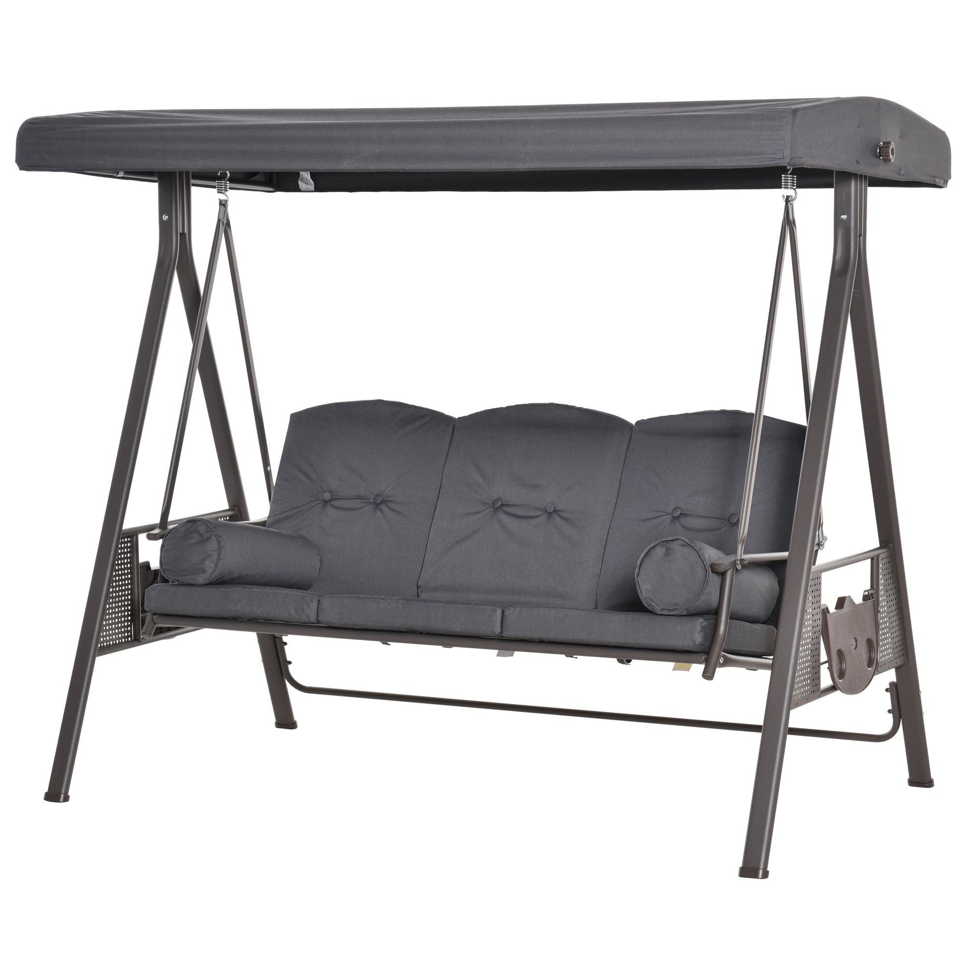 3 Seater Porch Swing Heavy Duty Outdoor Swing Chair Outdoor Lounge Hammock Cushioned Seat w/ Tilt Canopy, Dark Grey