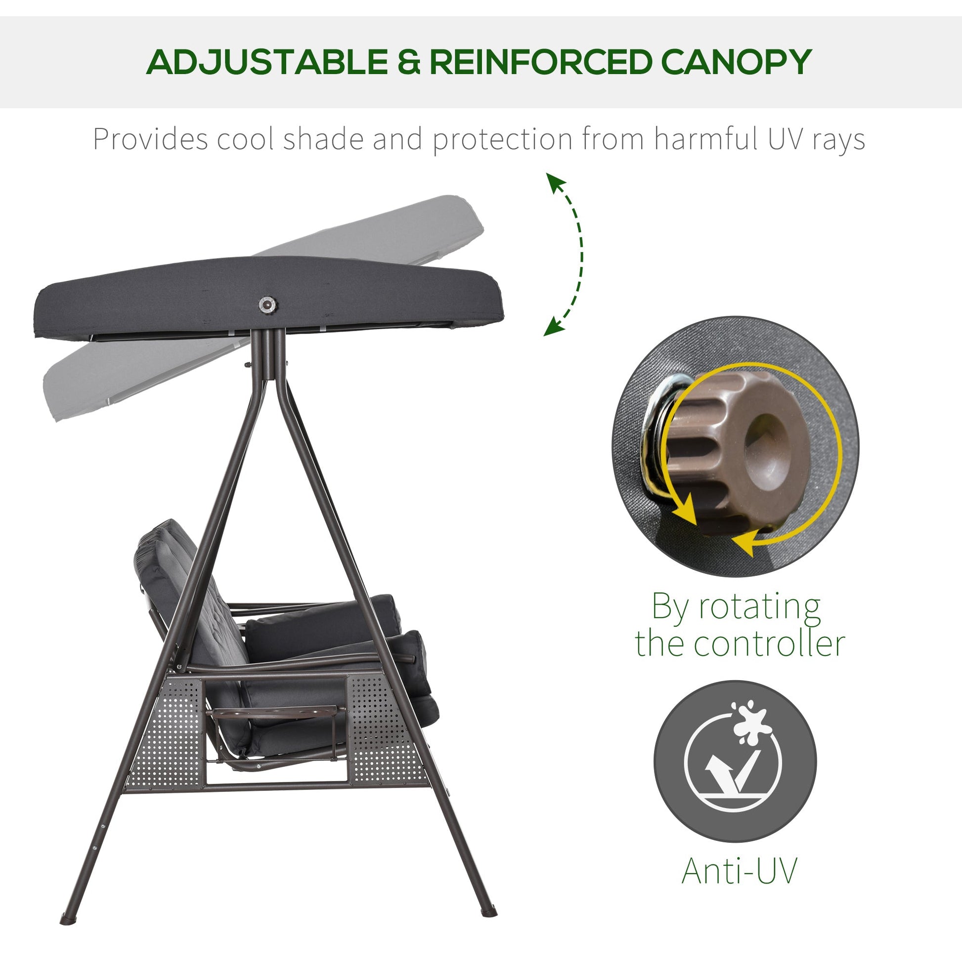 3 Seater Porch Swing Heavy Duty Outdoor Swing Chair Outdoor Lounge Hammock Cushioned Seat w/ Tilt Canopy, Dark Grey