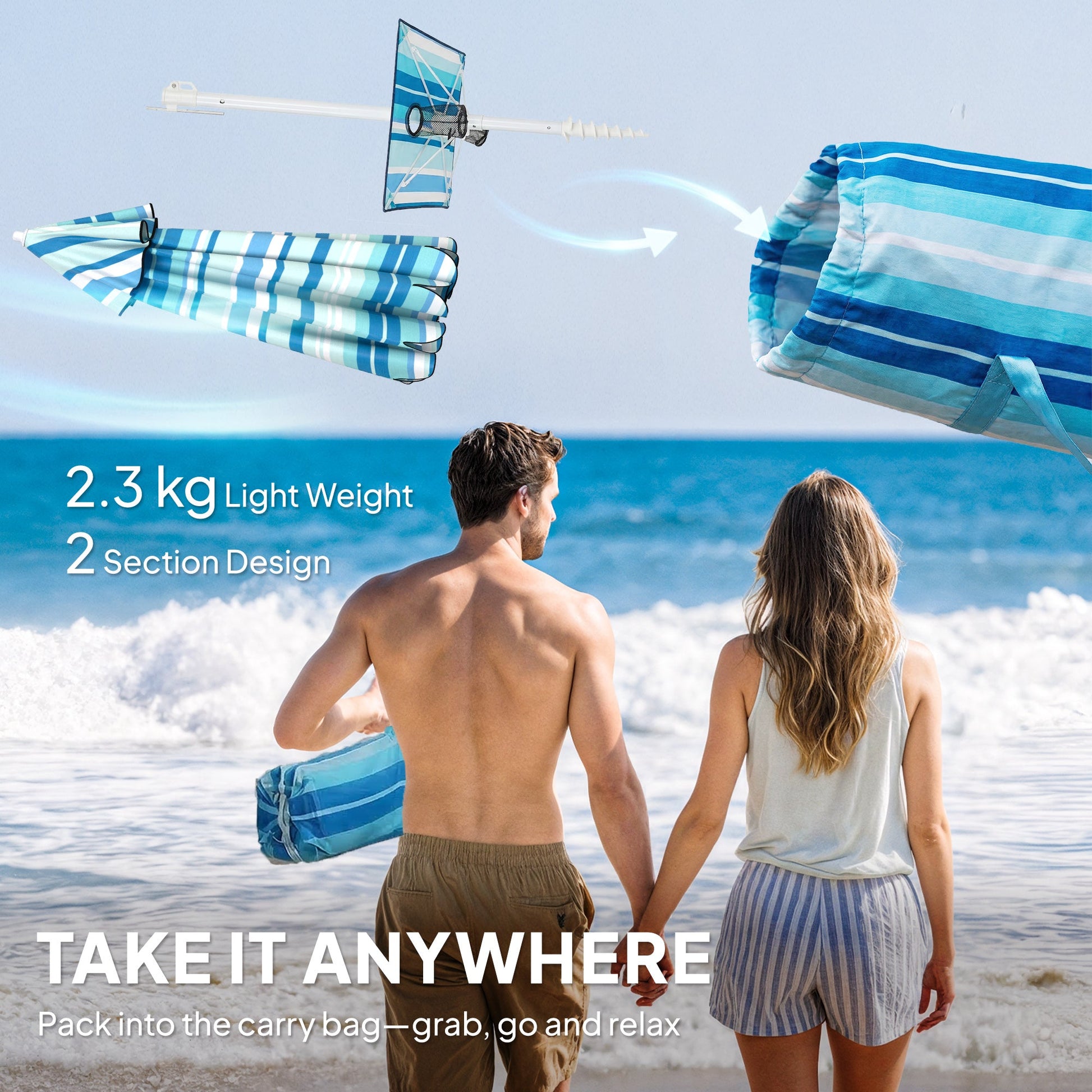 6 ft Portable Beach Umbrella with Foldable Table, Cup Holders, Tilting Outdoor Sun Shade with Sand Anchor, Sandbag, Adjustable Height, Carry Bag, UV Protection, Dark Blue