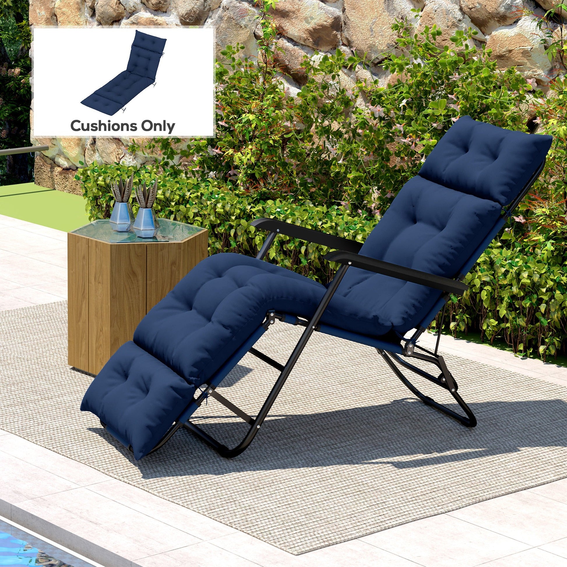 Patio Lounge Chair Cushion, Tufted Thick Outdoor Chaise Lounge Cushion with Ties, Lounge Chair Pad Replacement for Lawn Pool Deck, 74.8" x 22" x 4", Navy Blue