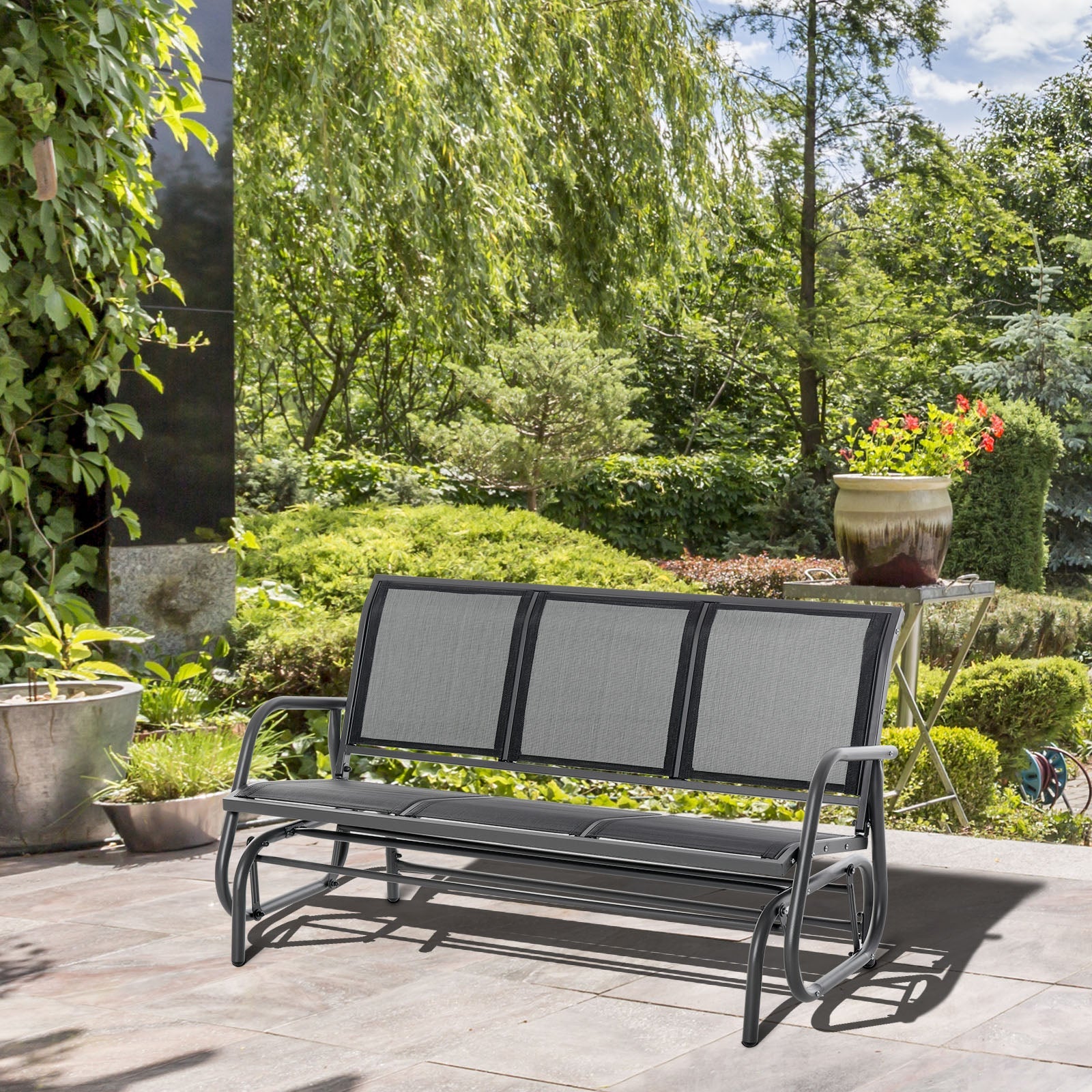 3-Seat Outdoor Glider Chair, Patio Glider Outdoor Rocking Chair with Steel Frame, Sling Fabric Seat for Garden, Backyard, Lawn, Black