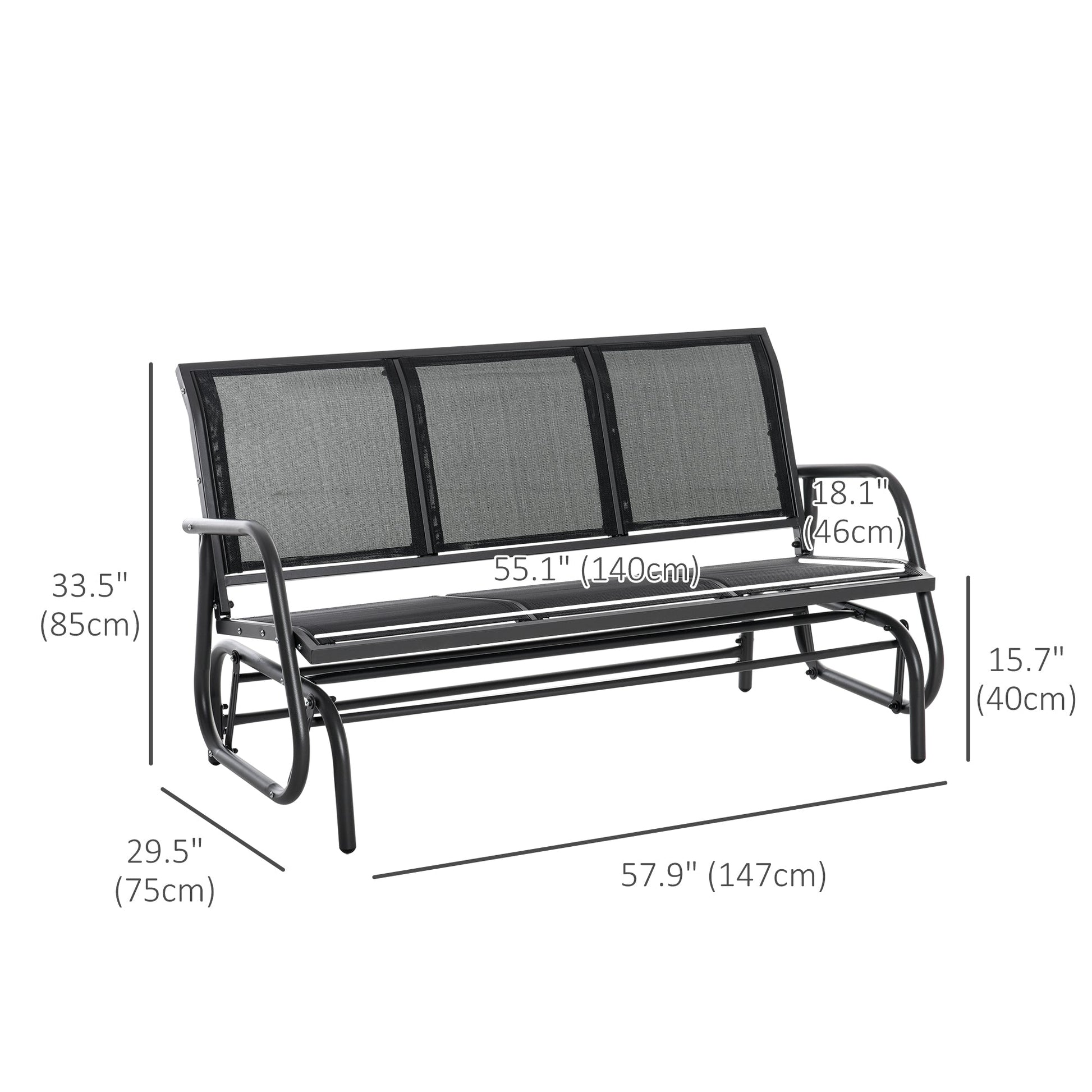 3-Seat Outdoor Glider Chair, Patio Glider Outdoor Rocking Chair with Steel Frame, Sling Fabric Seat for Garden, Backyard, Lawn, Black