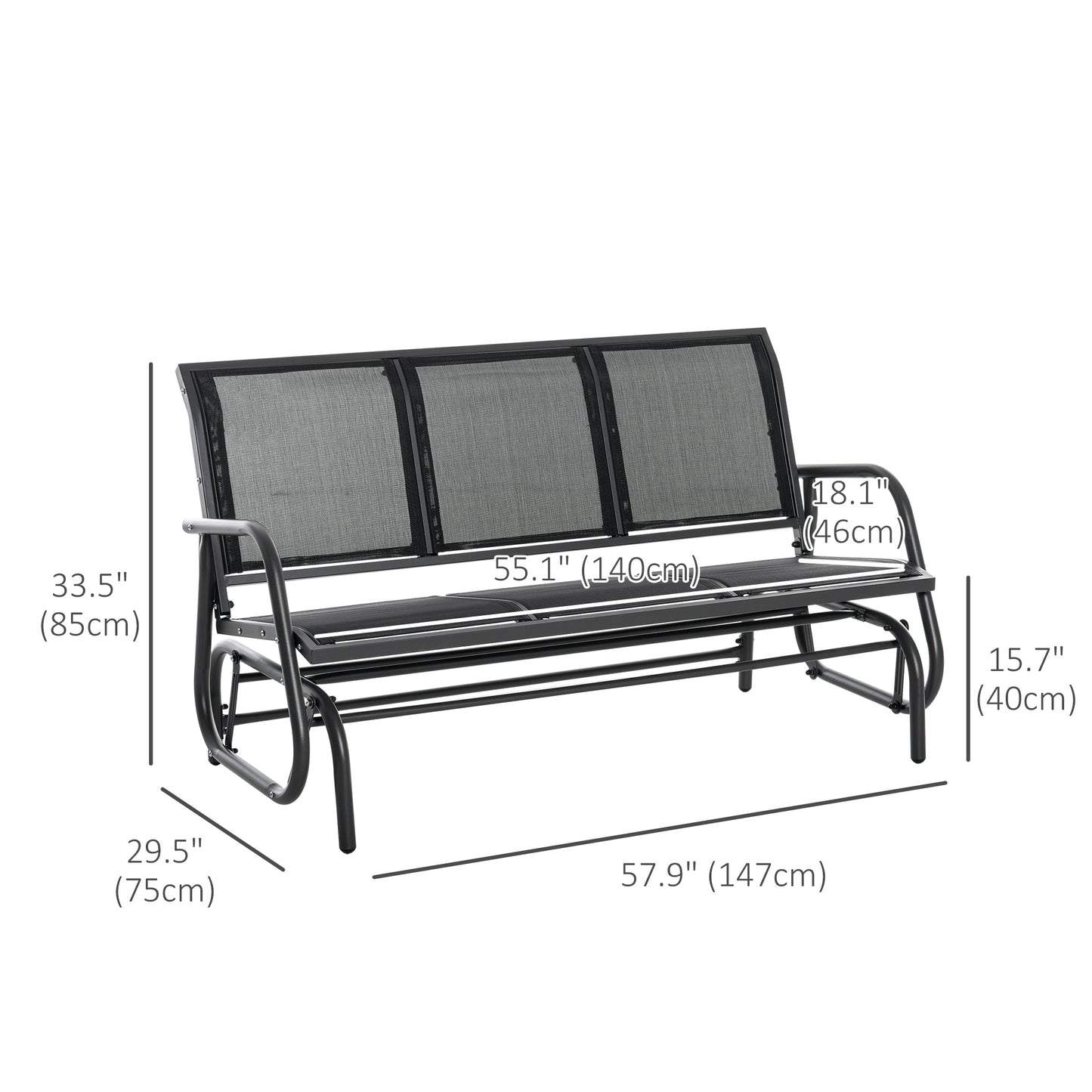 3-Seat Outdoor Glider Chair, Patio Glider Outdoor Rocking Chair with Steel Frame, Sling Fabric Seat for Garden, Backyard, Lawn, Black