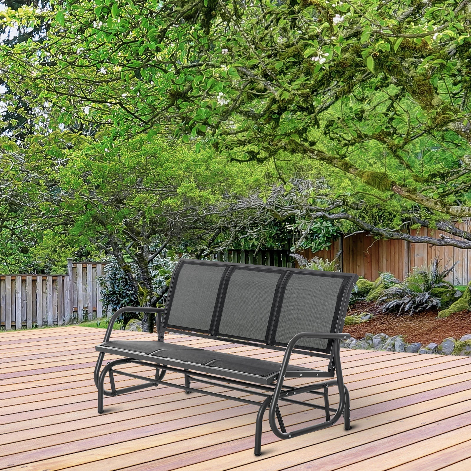 3-Seat Outdoor Glider Chair, Patio Glider Outdoor Rocking Chair with Steel Frame, Sling Fabric Seat for Garden, Backyard, Lawn, Black