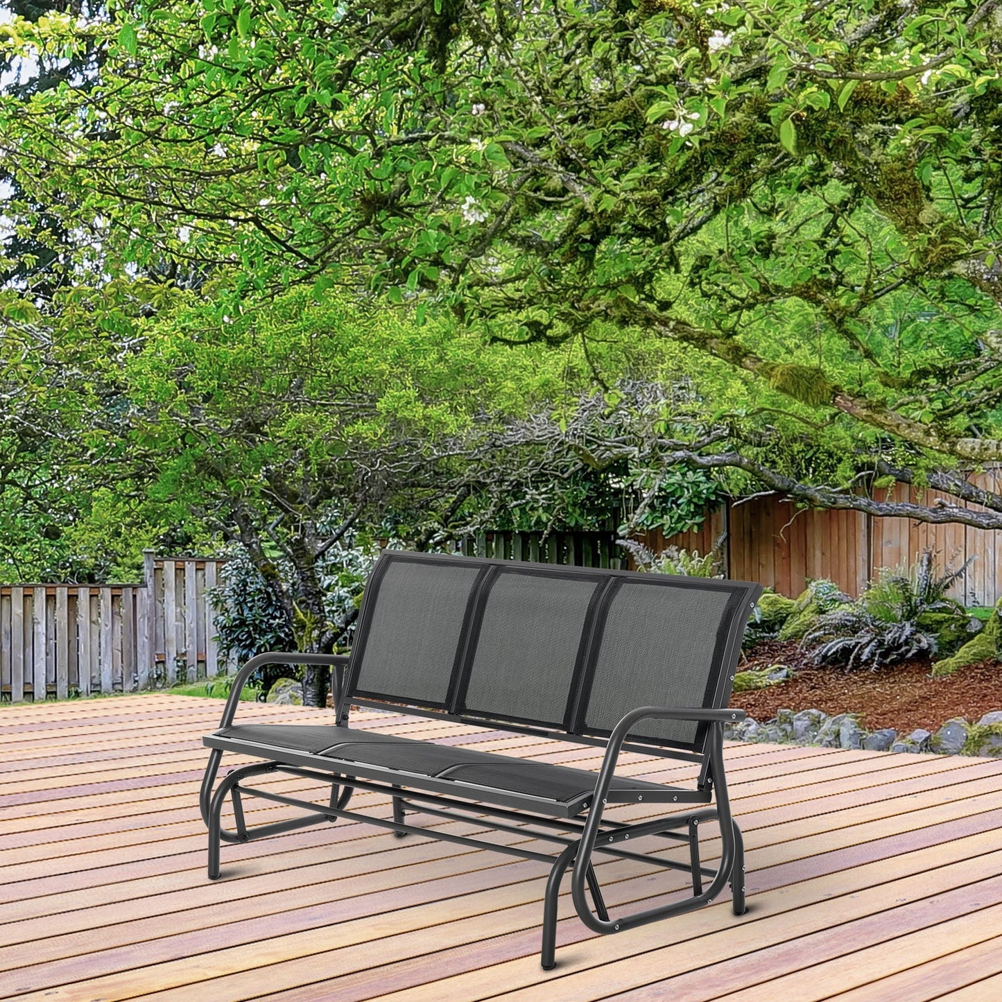 3-Seat Outdoor Glider Chair, Patio Glider Outdoor Rocking Chair with Steel Frame, Sling Fabric Seat for Garden, Backyard, Lawn, Black