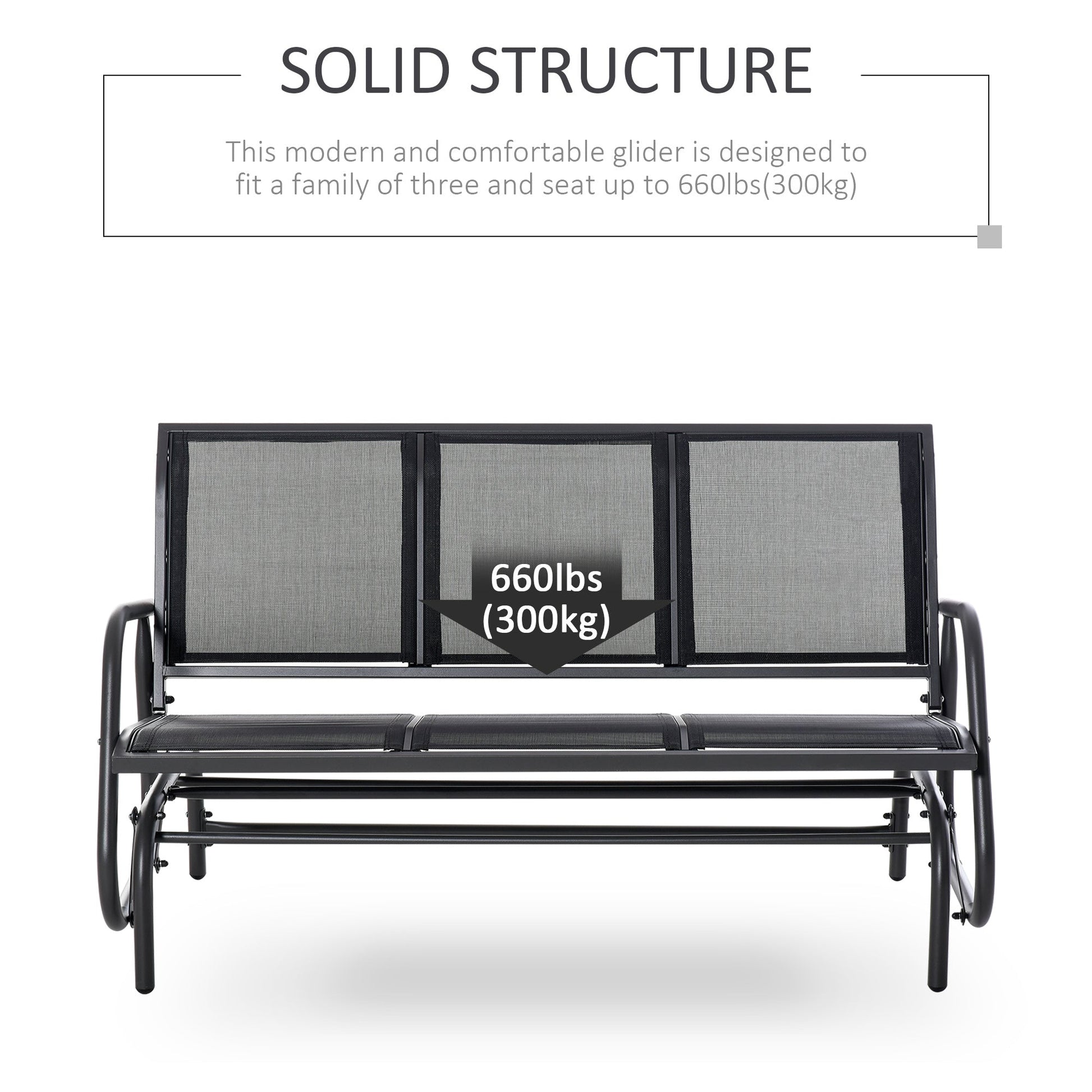 3-Seat Outdoor Glider Chair, Patio Glider Outdoor Rocking Chair with Steel Frame, Sling Fabric Seat for Garden, Backyard, Lawn, Black