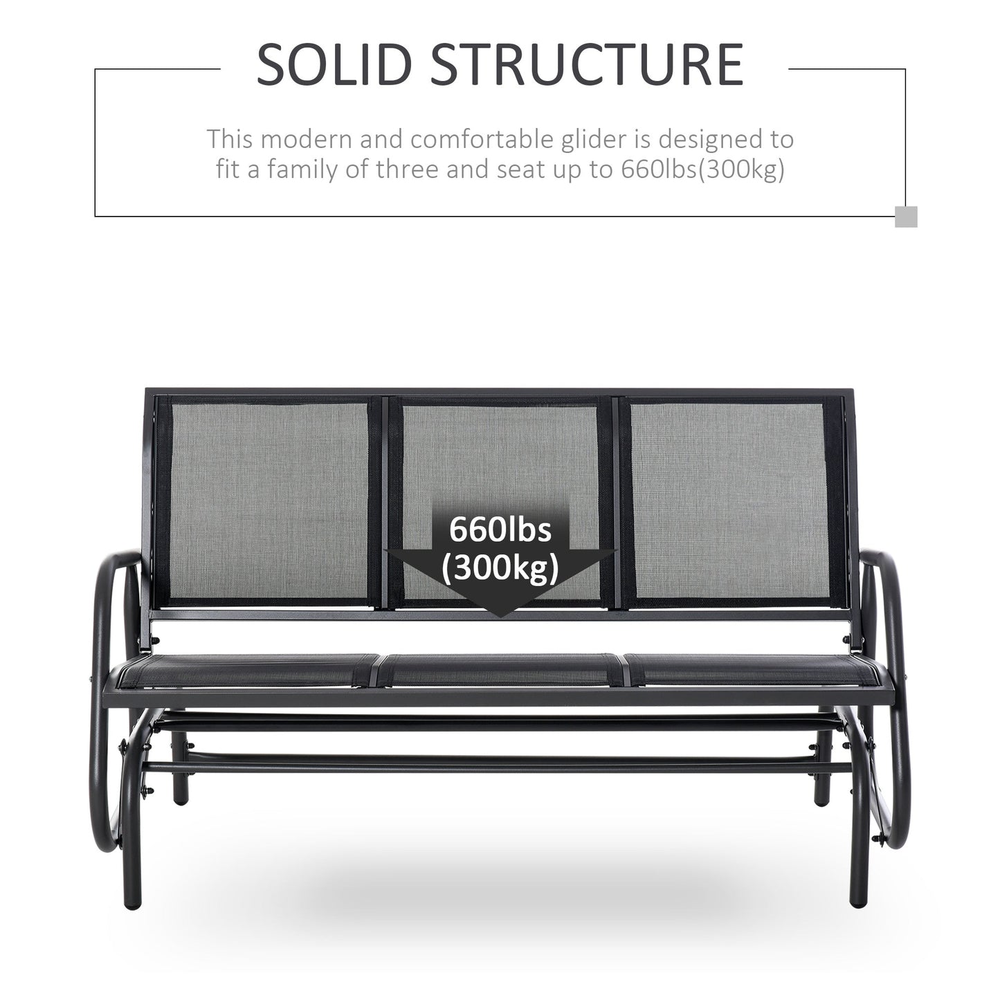 3-Seat Outdoor Glider Chair, Patio Glider Outdoor Rocking Chair with Steel Frame, Sling Fabric Seat for Garden, Backyard, Lawn, Black