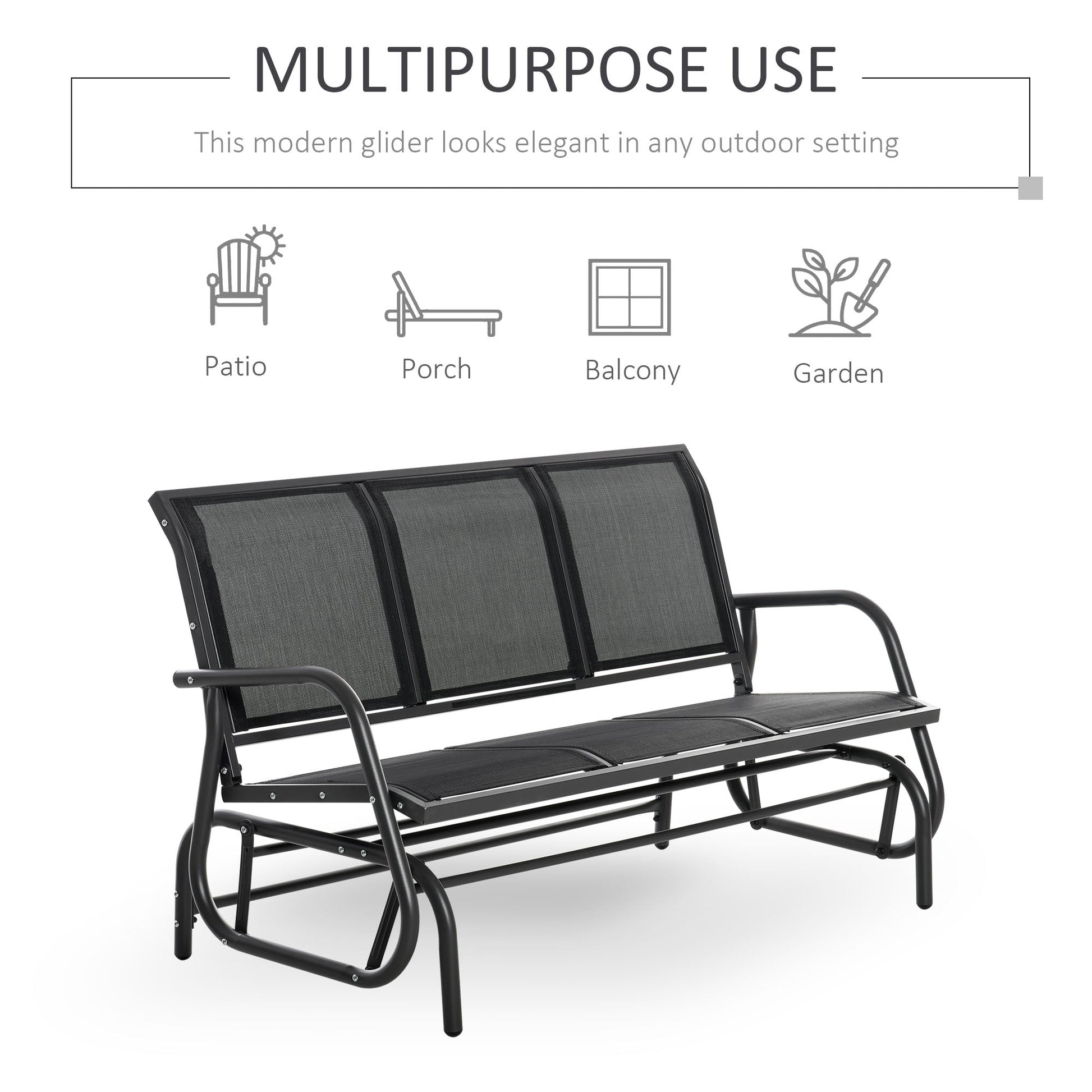 3-Seat Outdoor Glider Chair, Patio Glider Outdoor Rocking Chair with Steel Frame, Sling Fabric Seat for Garden, Backyard, Lawn, Black