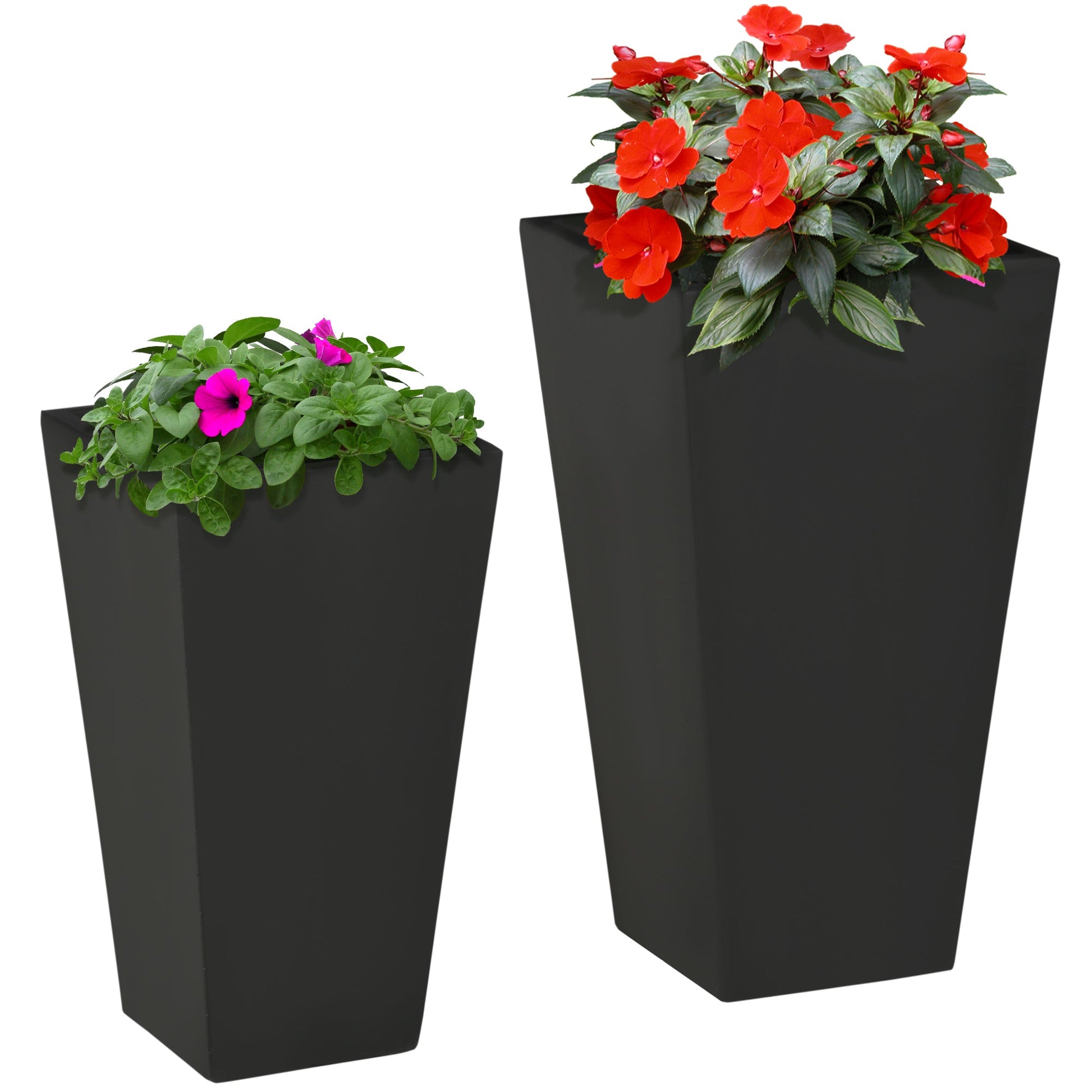 Set of 2 Tall Planters with Drainage Holes, 22" / 18" Outdoor Flower Pots for Patio, Yard, Garden, Black
