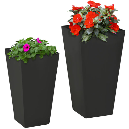 Set of 2 Tall Planters with Drainage Holes, 22" / 18" Outdoor Flower Pots for Patio, Yard, Garden, Black