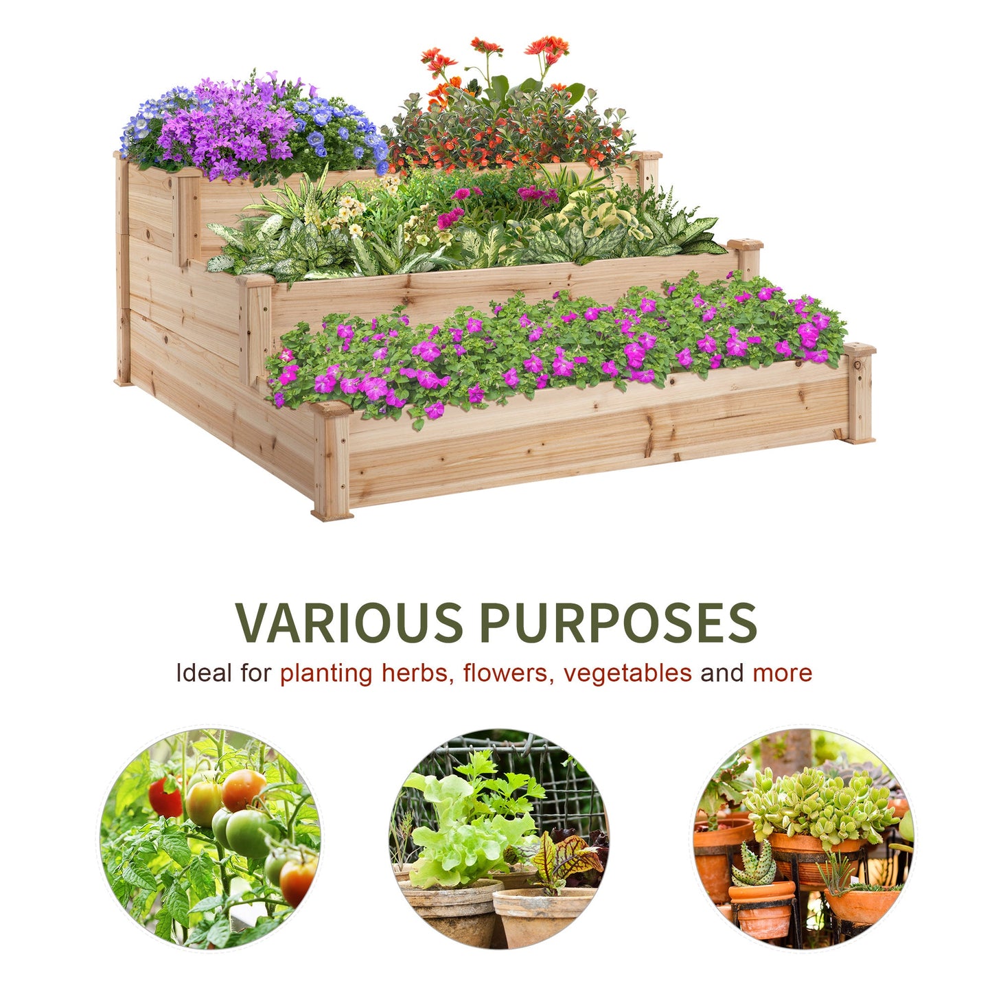 49"x49"x22" 3-Tier Raised Garden Bed Wooden Planter Kit Elevated Plant Box Stand for Yard & Patio, Natural