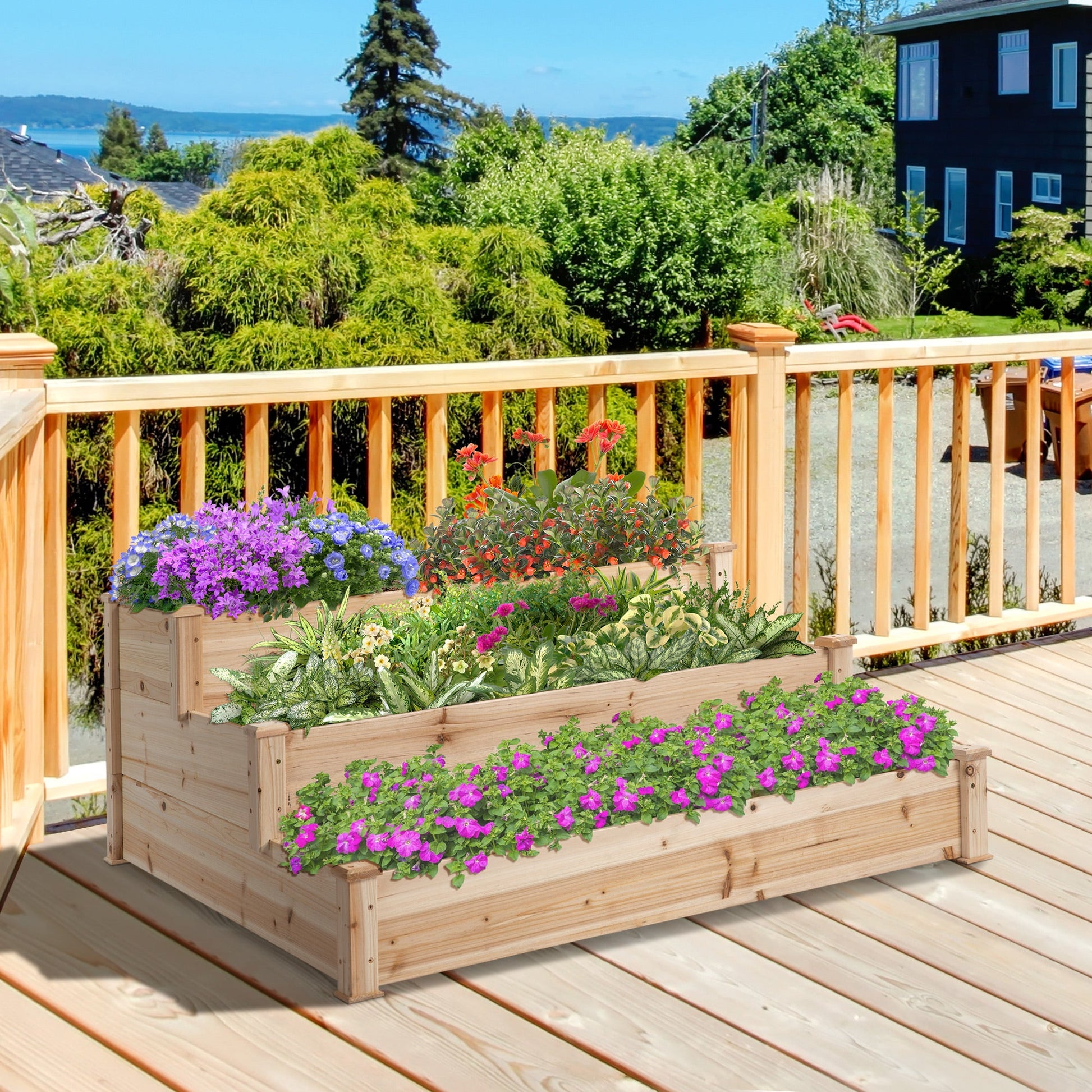 49"x49"x22" 3-Tier Raised Garden Bed Wooden Planter Kit Elevated Plant Box Stand for Yard & Patio, Natural