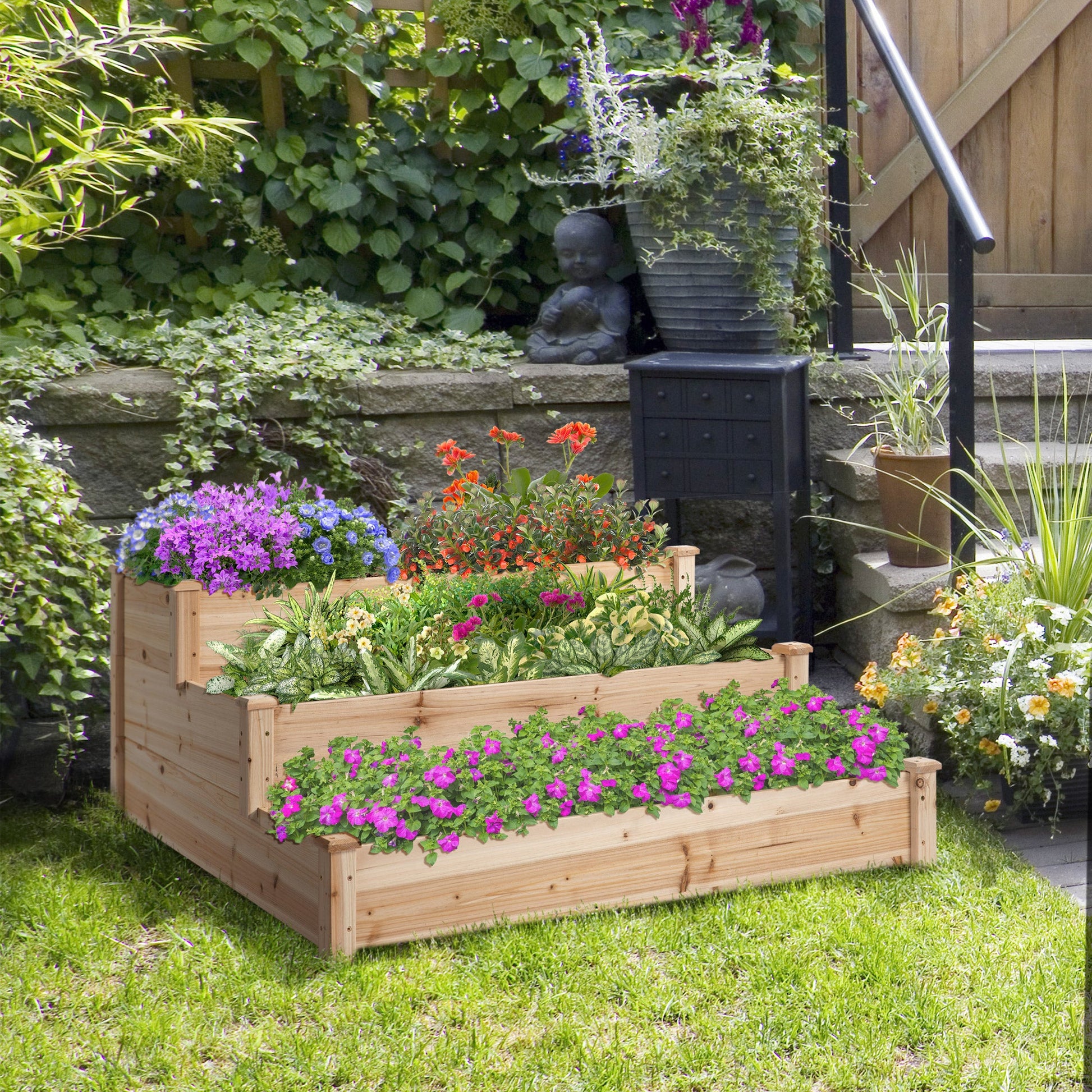 49"x49"x22" 3-Tier Raised Garden Bed Wooden Planter Kit Elevated Plant Box Stand for Yard & Patio, Natural
