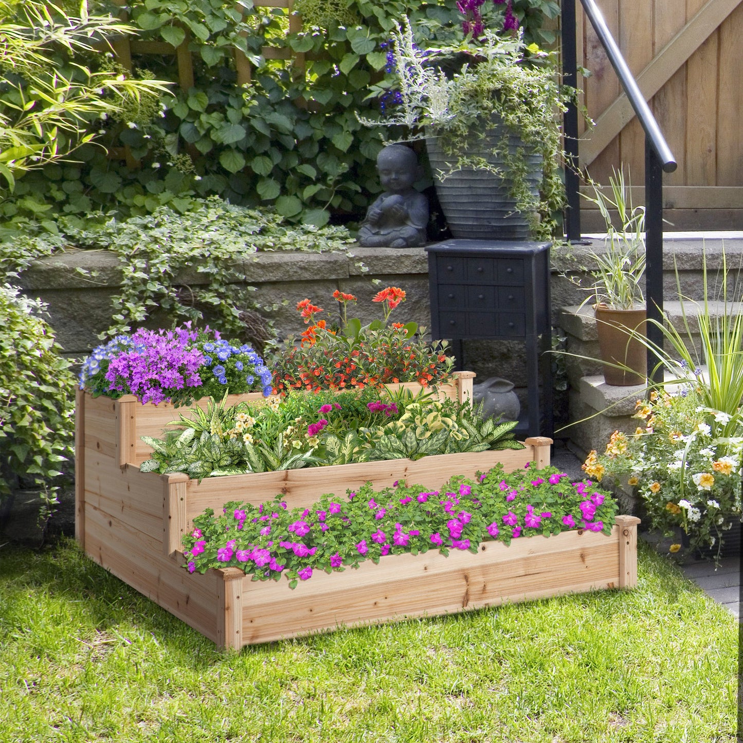 49"x49"x22" 3-Tier Raised Garden Bed Wooden Planter Kit Elevated Plant Box Stand for Yard & Patio, Natural