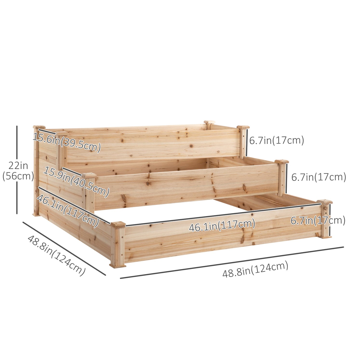 49"x49"x22" 3-Tier Raised Garden Bed Wooden Planter Kit Elevated Plant Box Stand for Yard & Patio, Natural