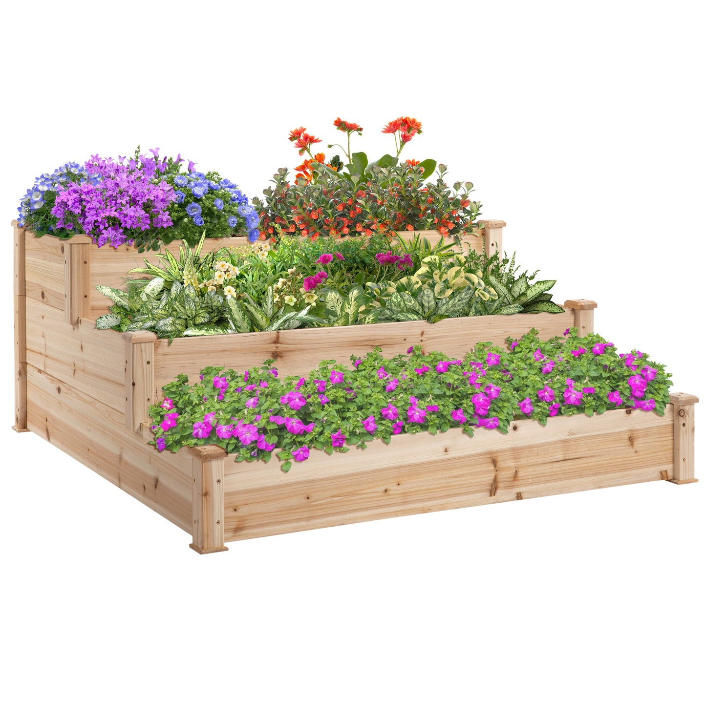 49"x49"x22" 3-Tier Raised Garden Bed Wooden Planter Kit Elevated Plant Box Stand for Yard & Patio, Natural