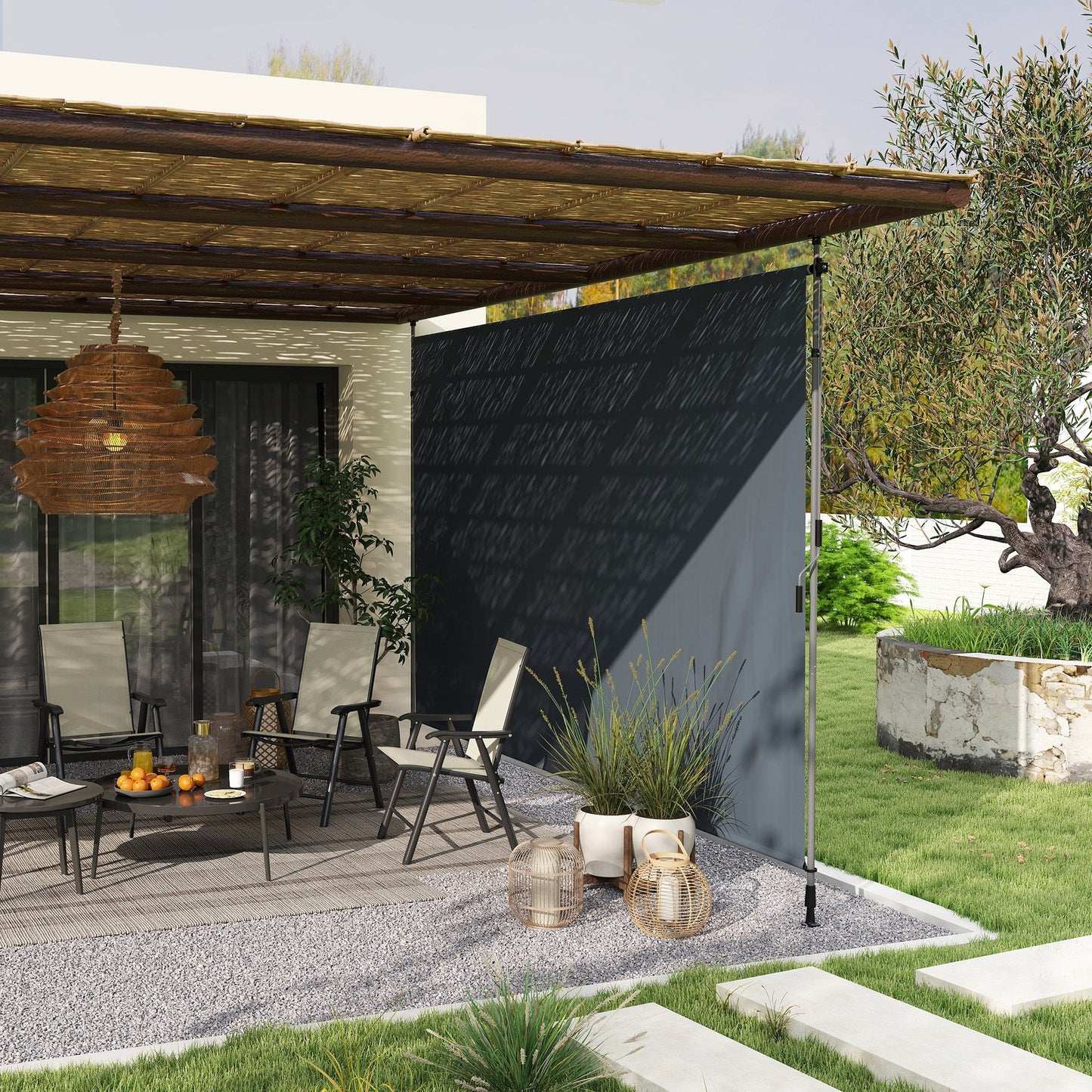 13' x 10' Retractable Patio Awning, Manual Outdoor Privacy Screen with UPF30+ & Water-Resistant Fabric for Patio, Balcony, Terrace, Pool, Dark Grey