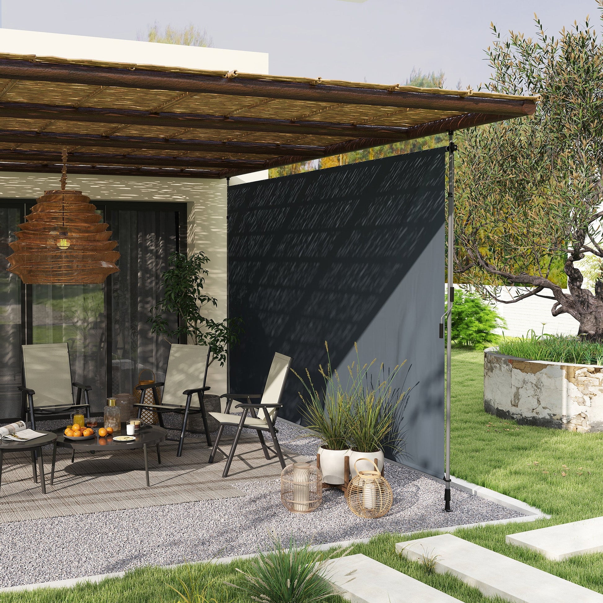 13' x 10' Retractable Patio Awning, Manual Outdoor Privacy Screen with UPF30+ & Water-Resistant Fabric for Patio, Balcony, Terrace, Pool, Dark Grey