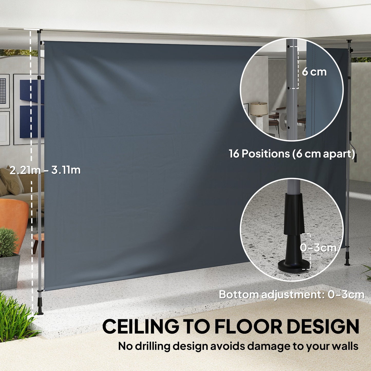 13' x 10' Retractable Patio Awning, Manual Outdoor Privacy Screen with UPF30+ & Water-Resistant Fabric for Patio, Balcony, Terrace, Pool, Dark Grey