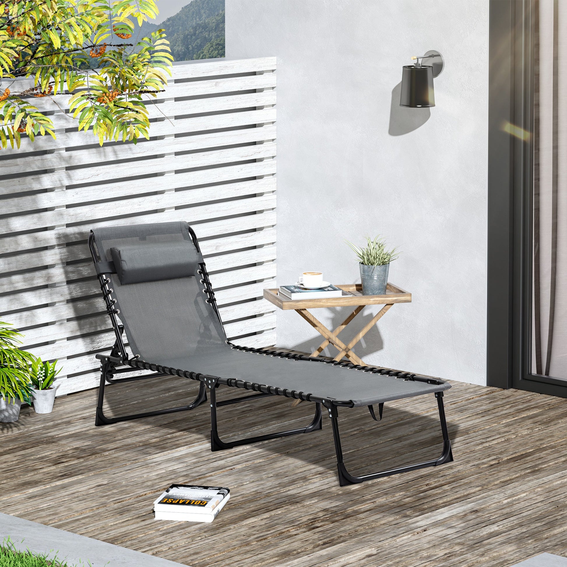 Folding Lounge Chair, Reclining Tanning Chair, Portable Sun Lounger with Adjustable Backrest and Removable Pillow for Patio, Garden, Beach, Grey