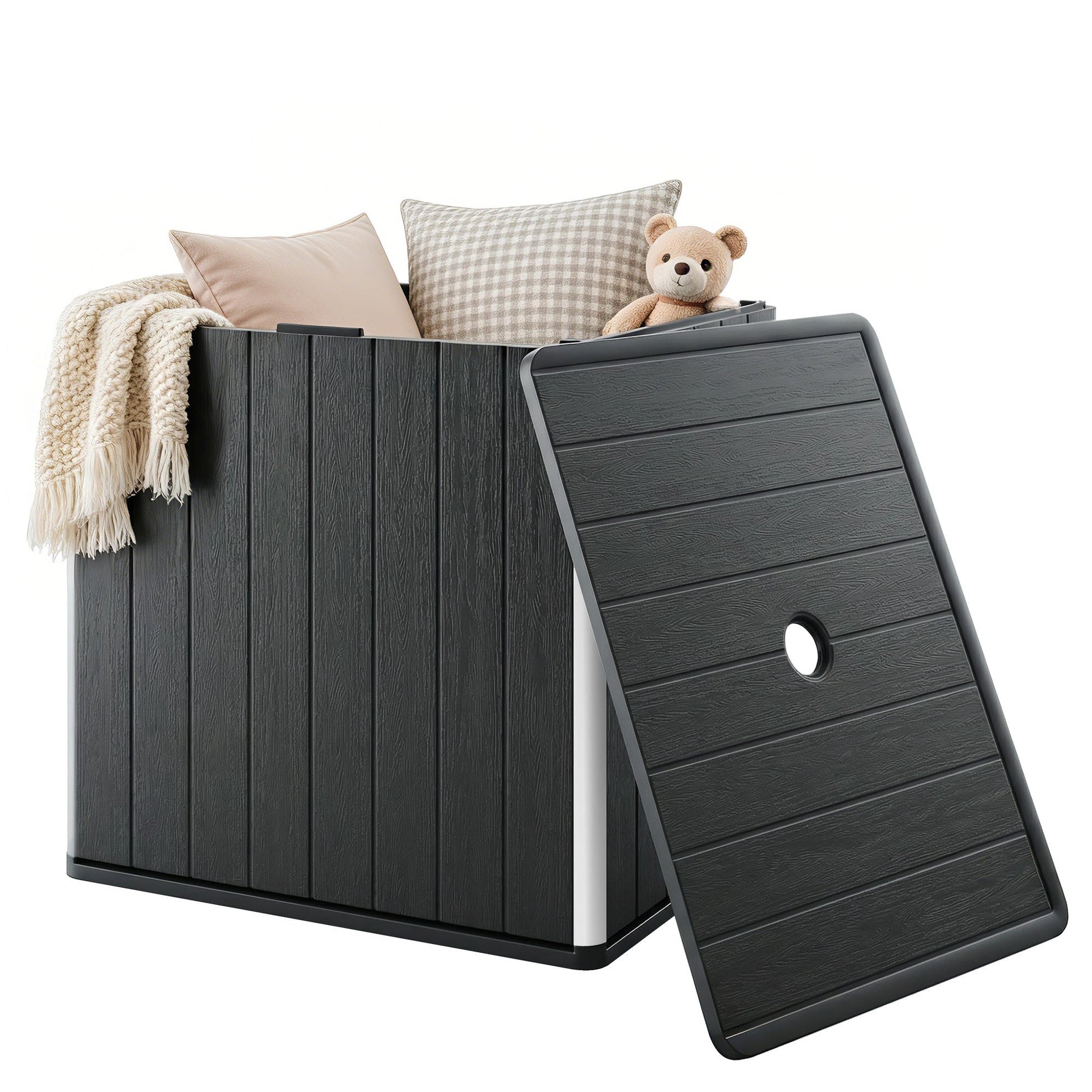 30 Gallon Outdoor Storage Box, Outdoor Side Table with Umbrella Holder, HDPE Deck Box Garden Storage Container for Balcony, Porch, Poolside