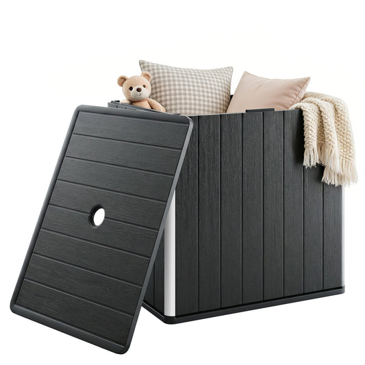 30 Gallon Outdoor Storage Box, Outdoor Side Table with Umbrella Holder, HDPE Deck Box Garden Storage Container for Balcony, Porch, Poolside
