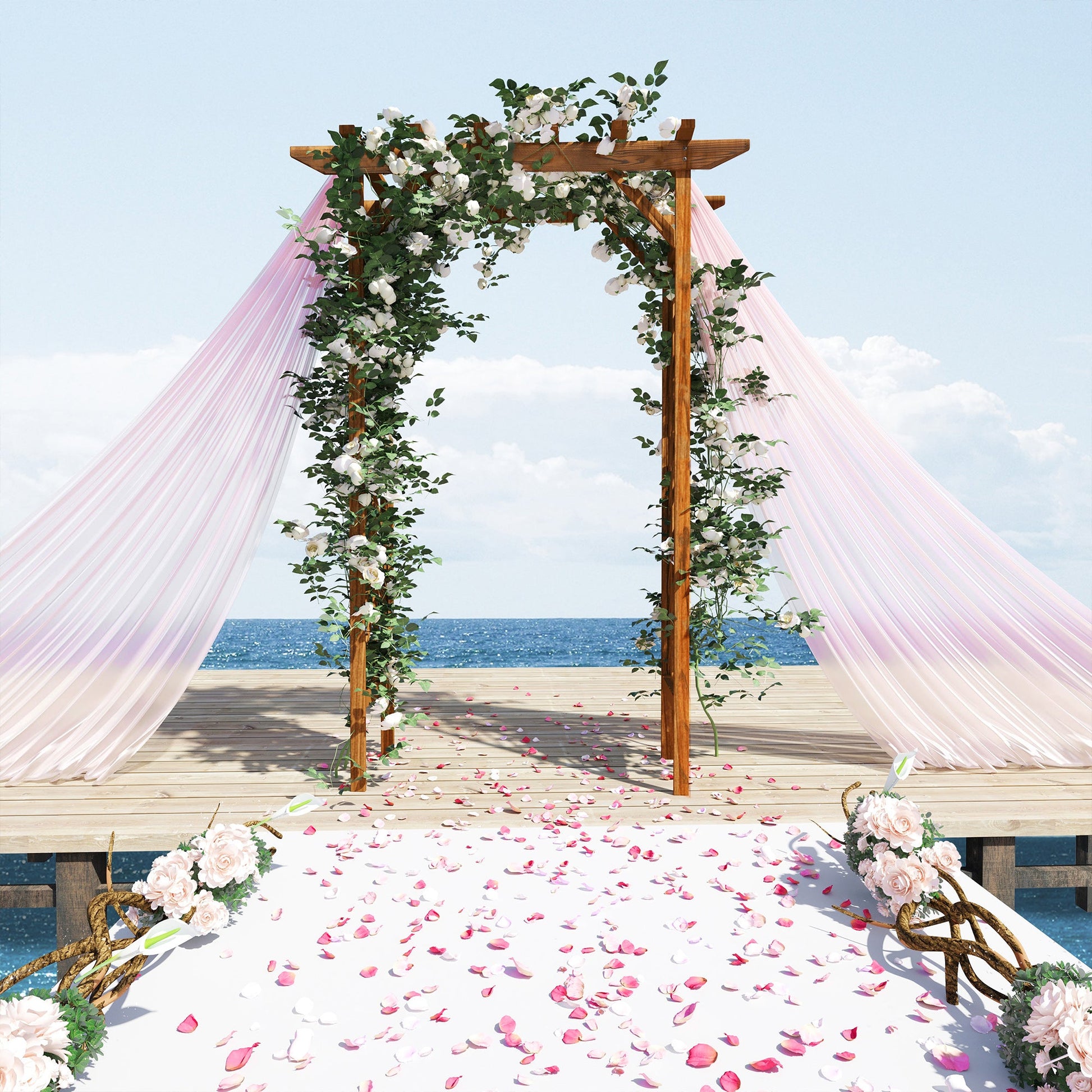 79" Wooden Garden Trellis, Countryside Arched Arbour with Pergola Style Roof for Climbing Vines for Ceremony Party Weddings