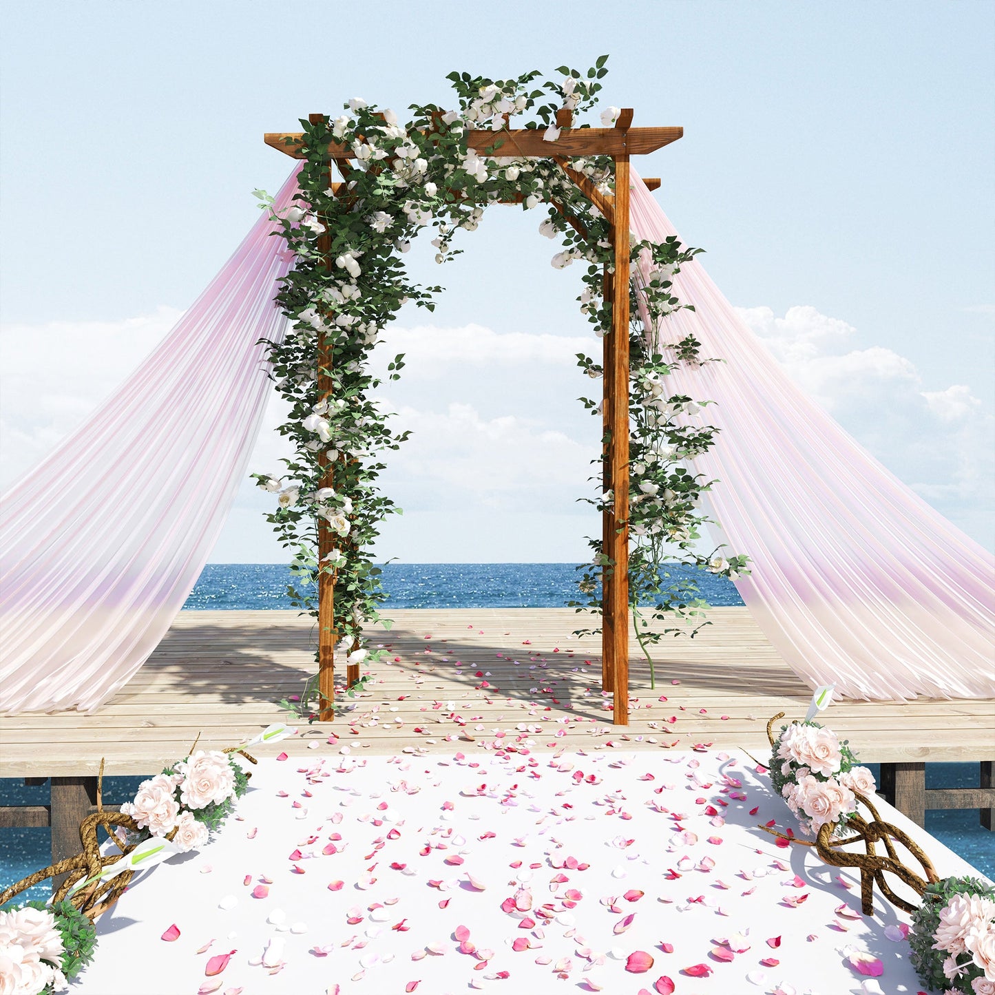 79" Wooden Garden Trellis, Countryside Arched Arbour with Pergola Style Roof for Climbing Vines for Ceremony Party Weddings