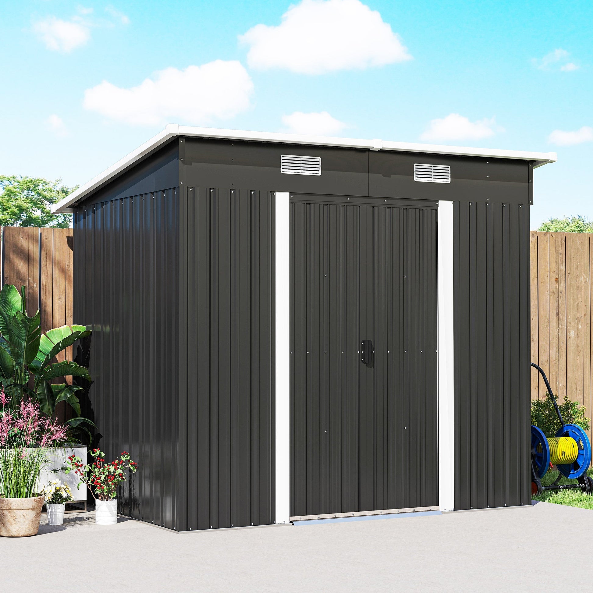 7'x 4' Outdoor Storage Shed, Metal Garden Shed with Lockable Double Doors, Foundation Kit and Vents for Patio, Backyard, Tool Storage, Black