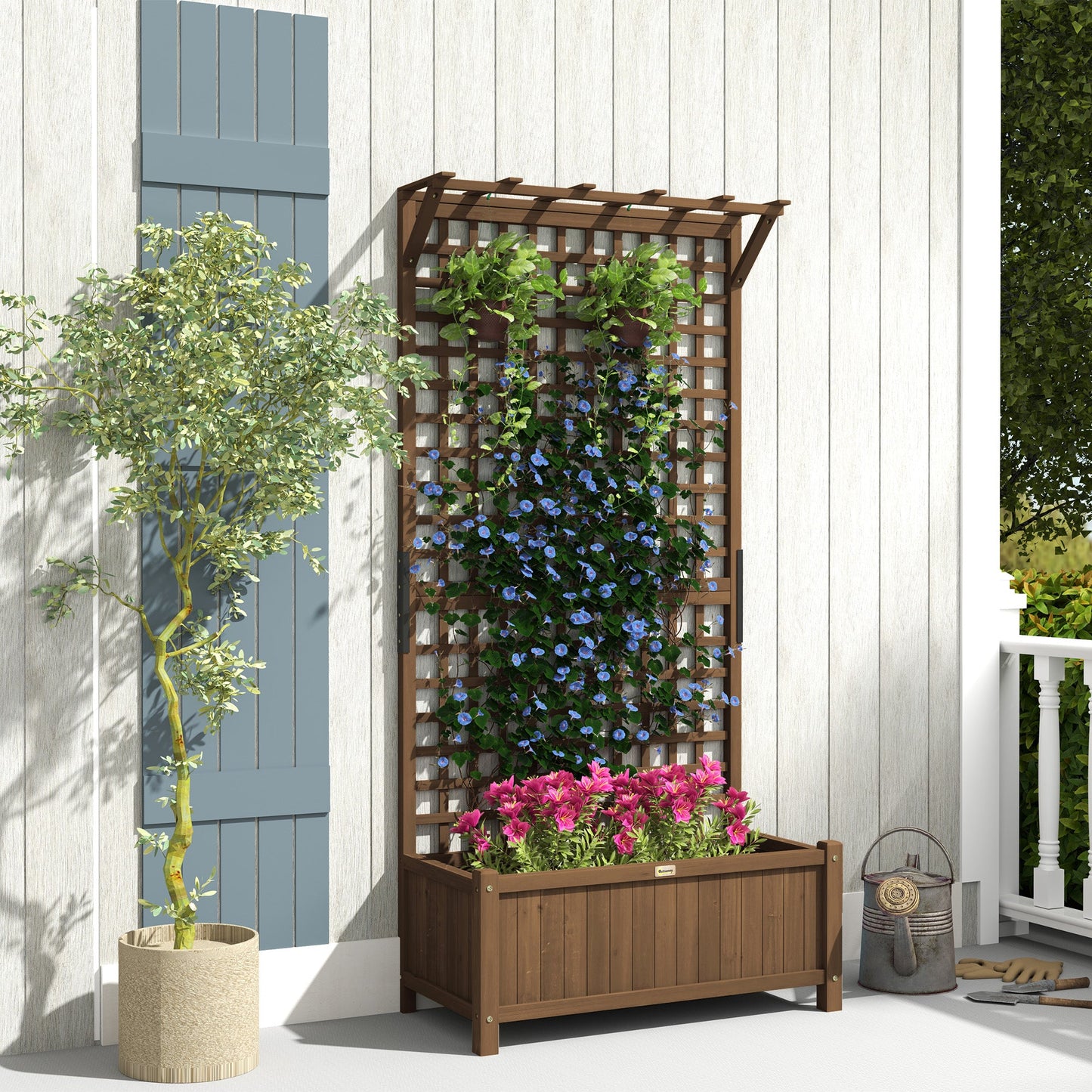 Raised Garden Bed, Wood Planter with Trellis for Vine Climbing, Privacy Screen Planter Box to Grow Vegetables, Herbs, and Flowers for Backyard, Patio, Deck, Coffee