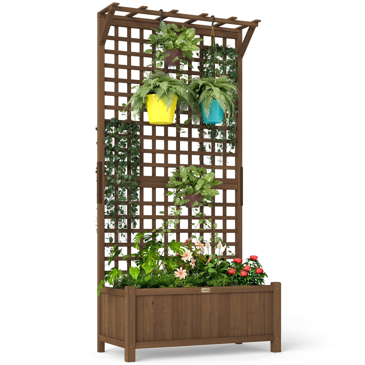 Raised Garden Bed, Wood Planter with Trellis for Vine Climbing, Privacy Screen Planter Box to Grow Vegetables, Herbs, and Flowers for Backyard, Patio, Deck, Coffee