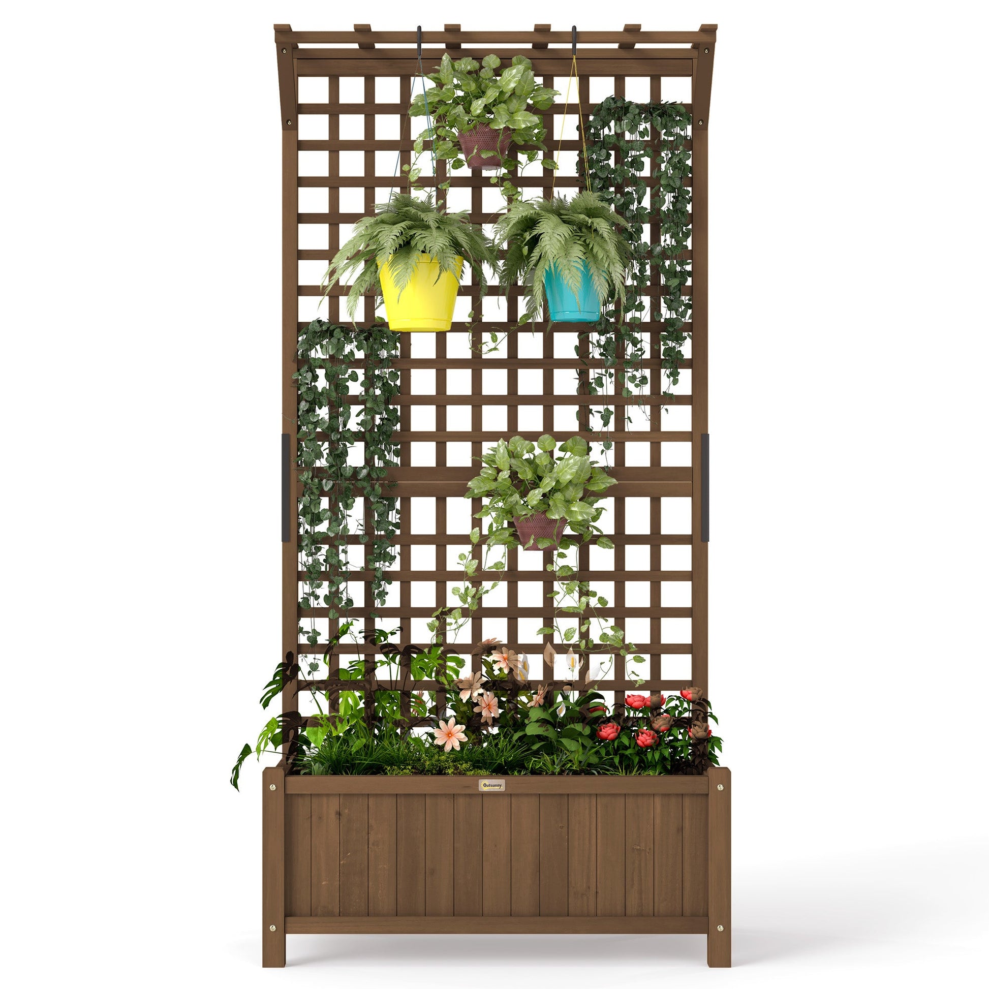 Raised Garden Bed, Wood Planter with Trellis for Vine Climbing, Privacy Screen Planter Box to Grow Vegetables, Herbs, and Flowers for Backyard, Patio, Deck, Coffee