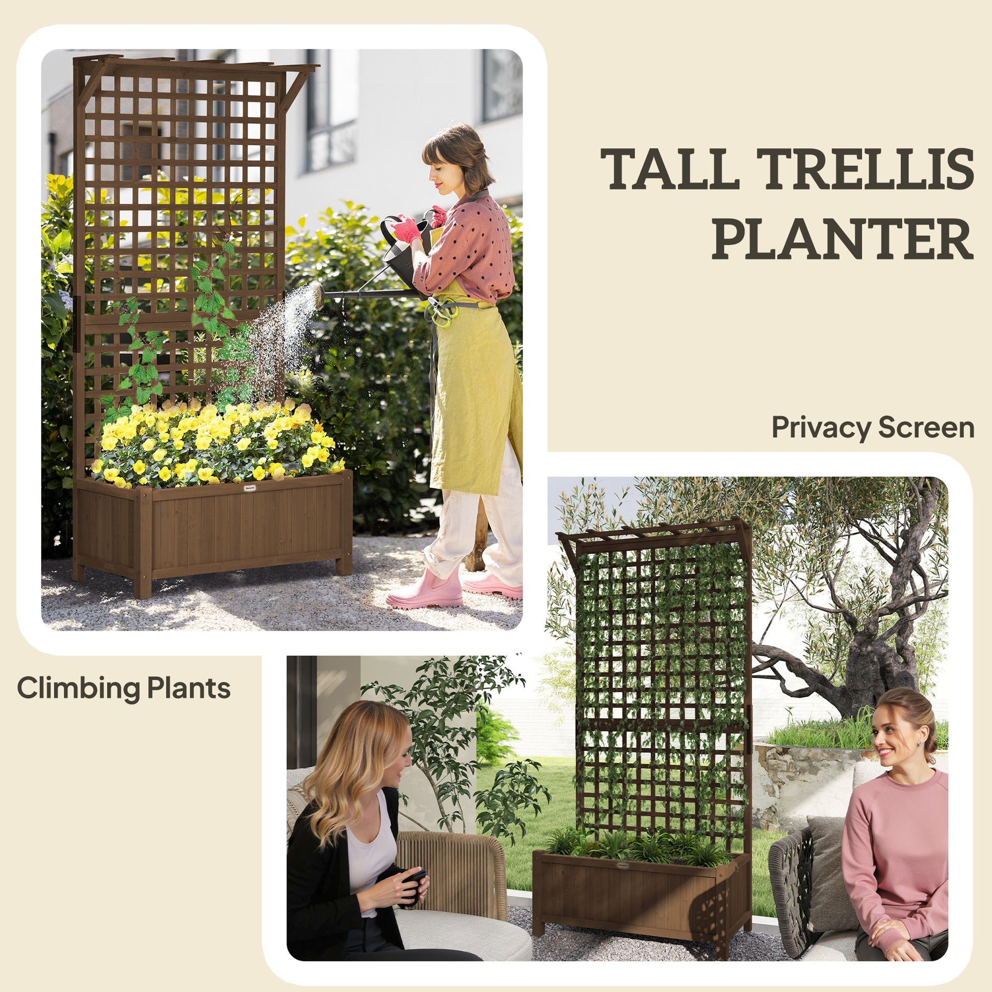 Raised Garden Bed, Wood Planter with Trellis for Vine Climbing, Privacy Screen Planter Box to Grow Vegetables, Herbs, and Flowers for Backyard, Patio, Deck, Coffee