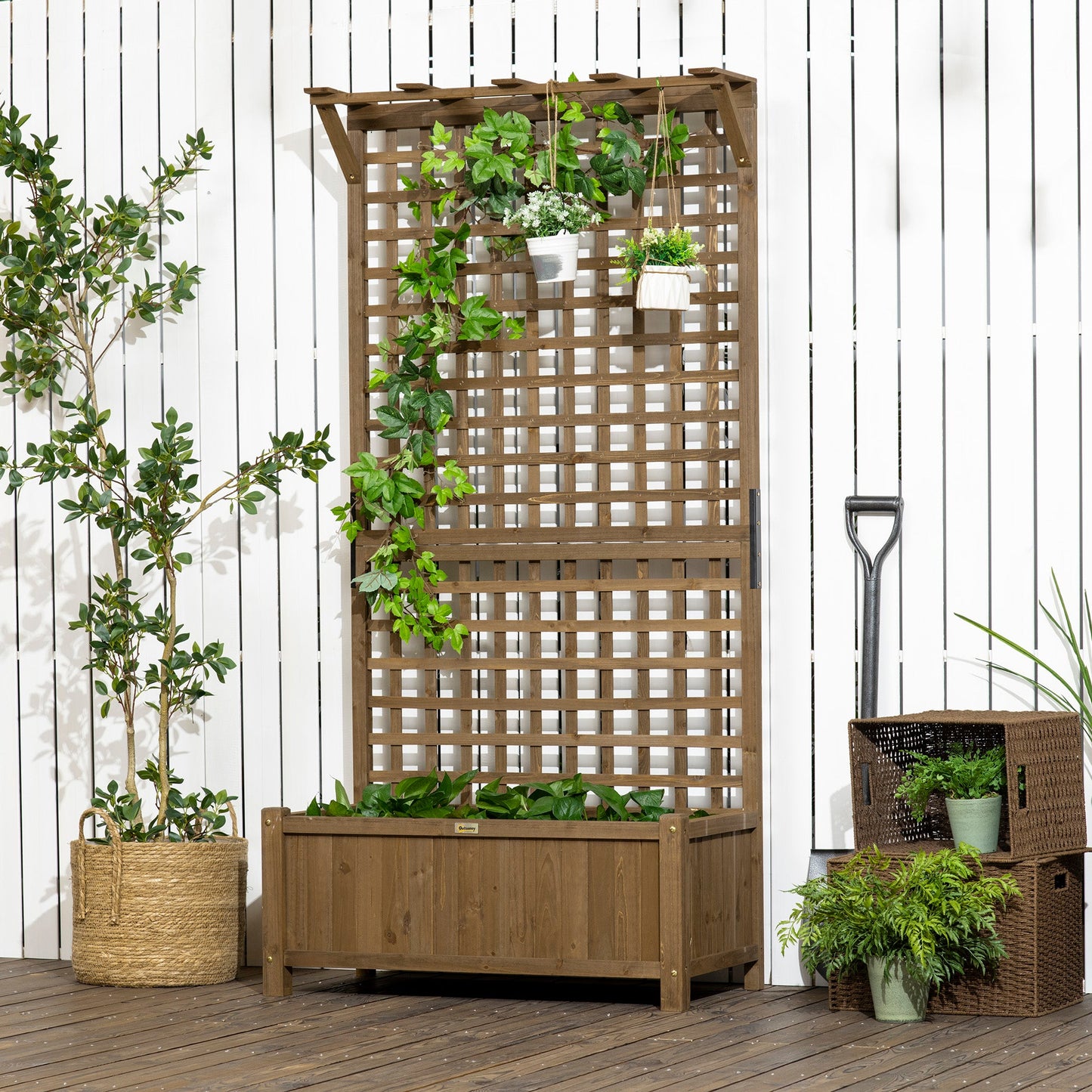 Raised Garden Bed, Wood Planter with Trellis for Vine Climbing, Privacy Screen Planter Box to Grow Vegetables, Herbs, and Flowers for Backyard, Patio, Deck, Coffee
