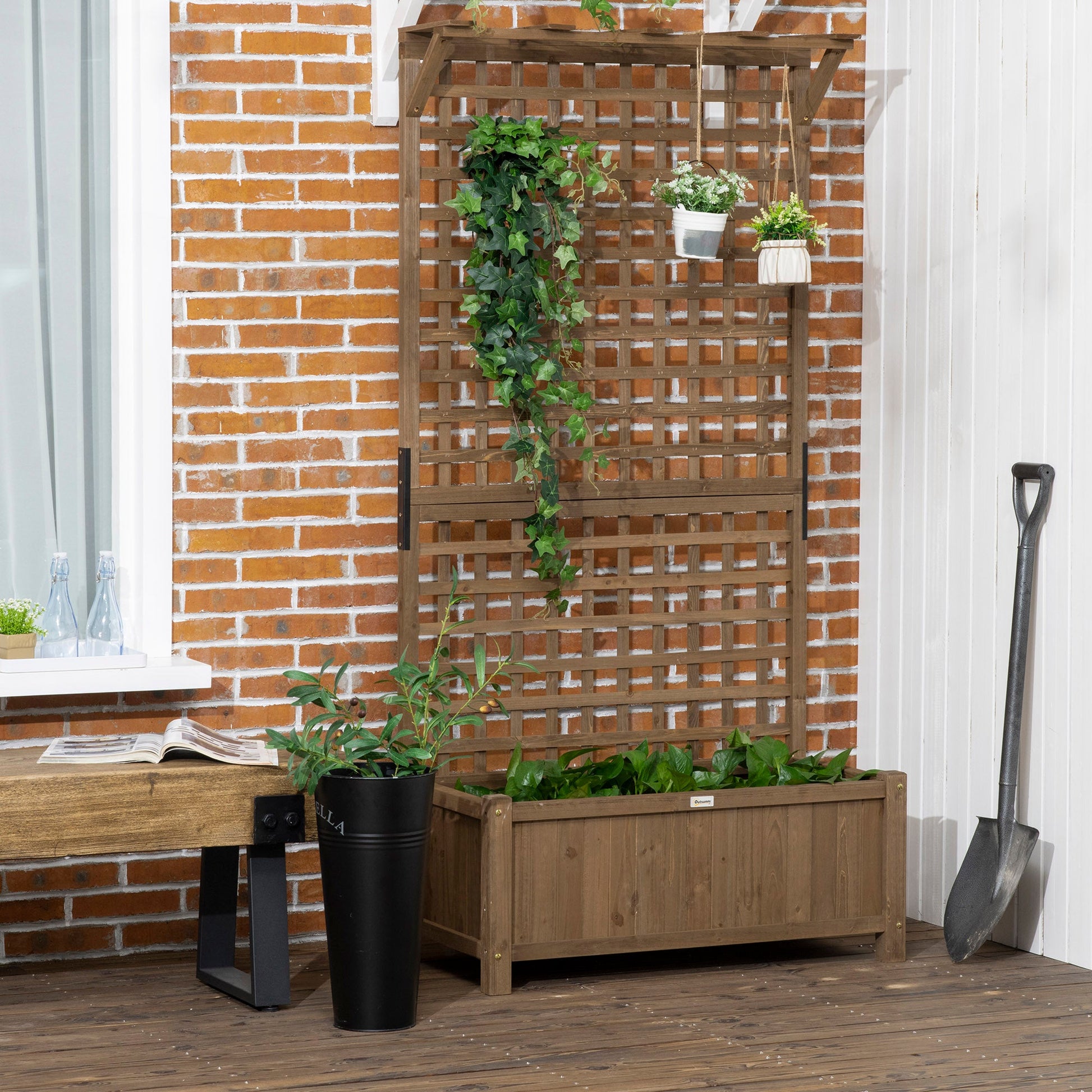 Raised Garden Bed, Wood Planter with Trellis for Vine Climbing, Privacy Screen Planter Box to Grow Vegetables, Herbs, and Flowers for Backyard, Patio, Deck, Coffee