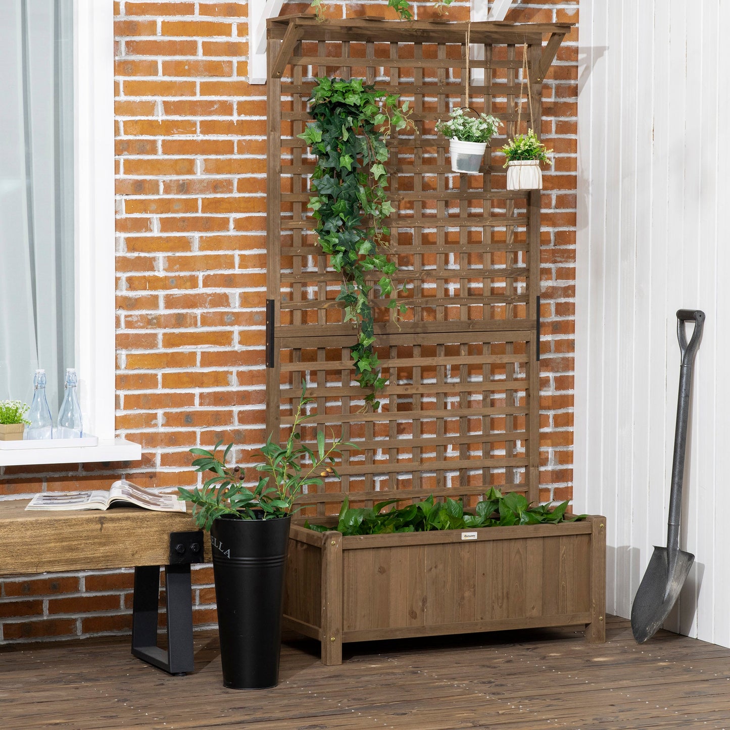 Raised Garden Bed, Wood Planter with Trellis for Vine Climbing, Privacy Screen Planter Box to Grow Vegetables, Herbs, and Flowers for Backyard, Patio, Deck, Coffee