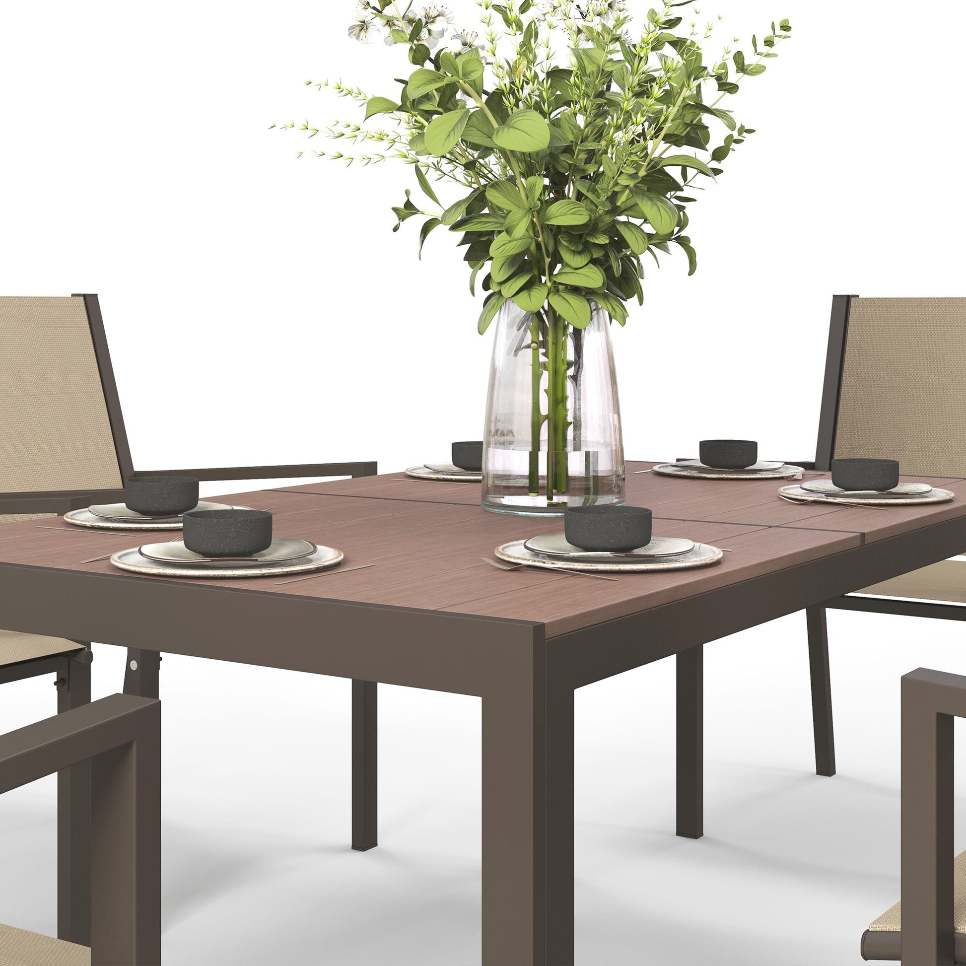 7 Piece Patio Dining Set, Outdoor Dining Table and 6 Stackable Chairs, Metal Patio Furniture Set with WPC Top, Breathable Mesh for Garden, Backyard, Poolside, Khaki