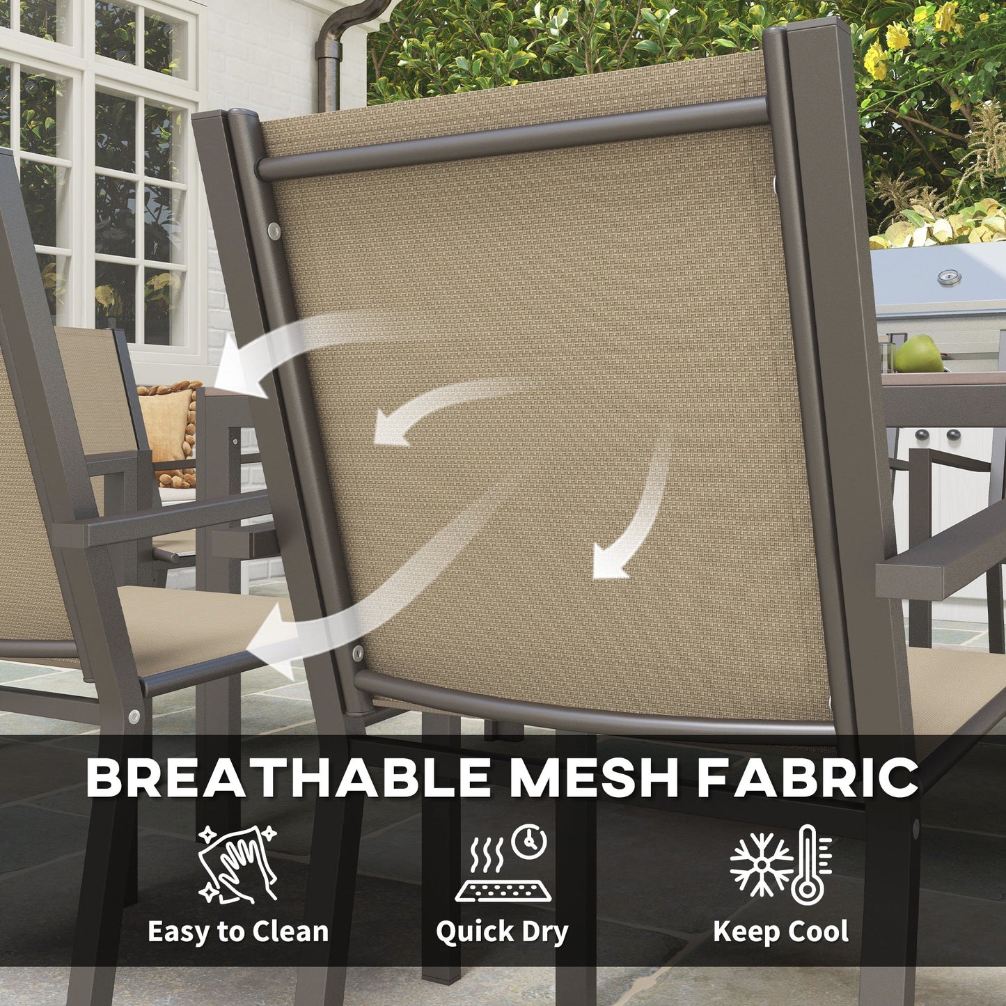 7 Piece Patio Dining Set, Outdoor Dining Table and 6 Stackable Chairs, Metal Patio Furniture Set with WPC Top, Breathable Mesh for Garden, Backyard, Poolside, Khaki