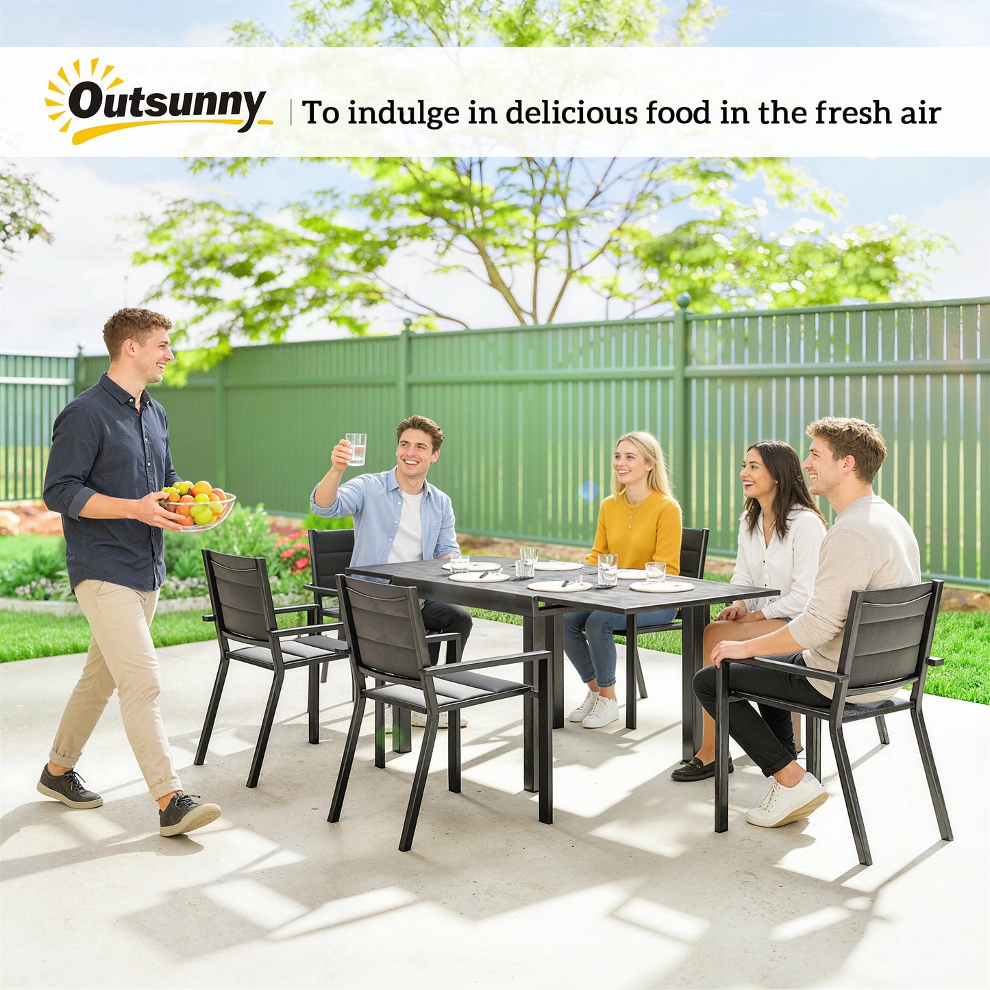 7 Piece Patio Dining Set for 6, Aluminum Expandable Outdoor Table and Stackable Chairs with Padded Back and Mesh Seats, Patio Furniture Dining Set for Garden, Black