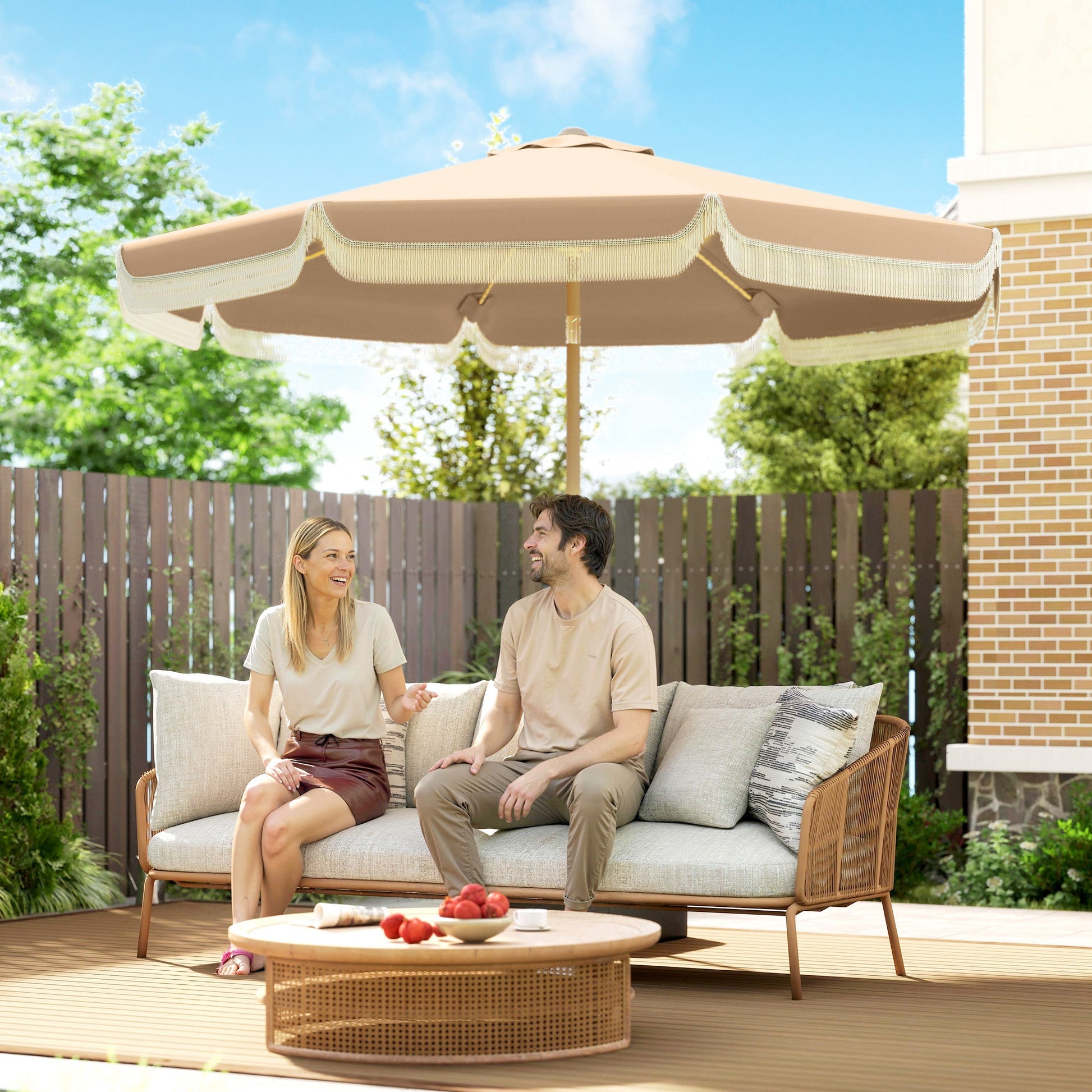 9 ft Patio Umbrella with Push Button Tilt and Crank, Fringed Outdoor Market Table Umbrella Parasol with Vent, 8 Ribs for Garden, Deck, Pool, Khaki