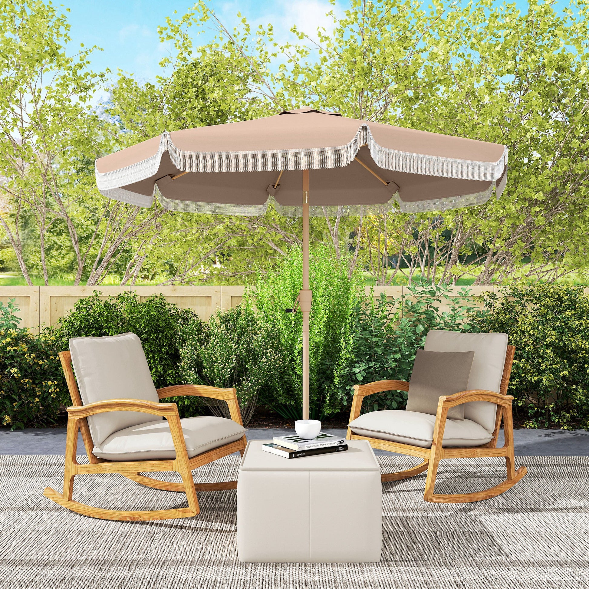 9 ft Patio Umbrella with Push Button Tilt and Crank, Fringed Outdoor Market Table Umbrella Parasol with Vent, 8 Ribs for Garden, Deck, Pool, Khaki
