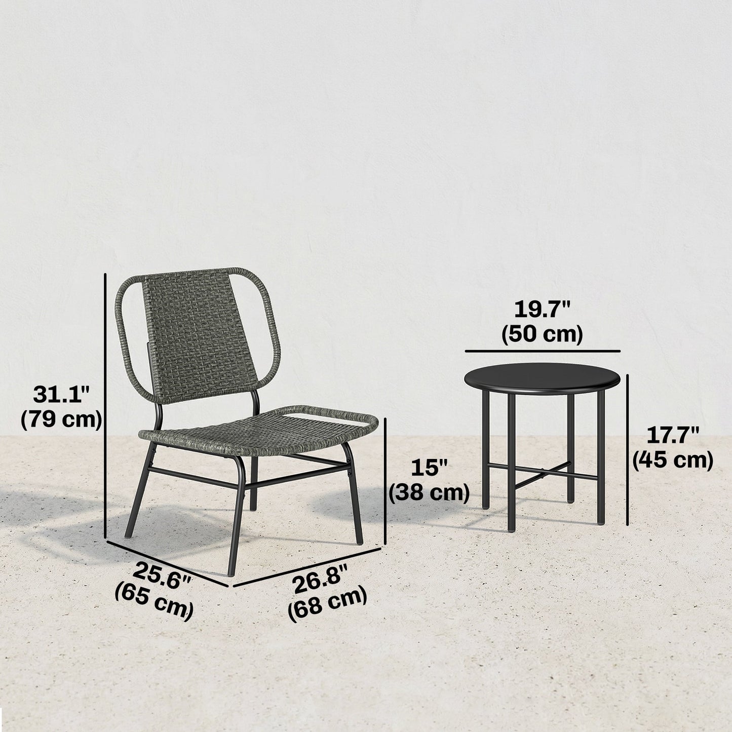 3 Piece Wicker Patio Furniture Set, Outdoor Bistro Set with 2 Armless Chairs, Steel Table, Rattan Outdoor Conversation Furniture for Porch Balcony, Grey