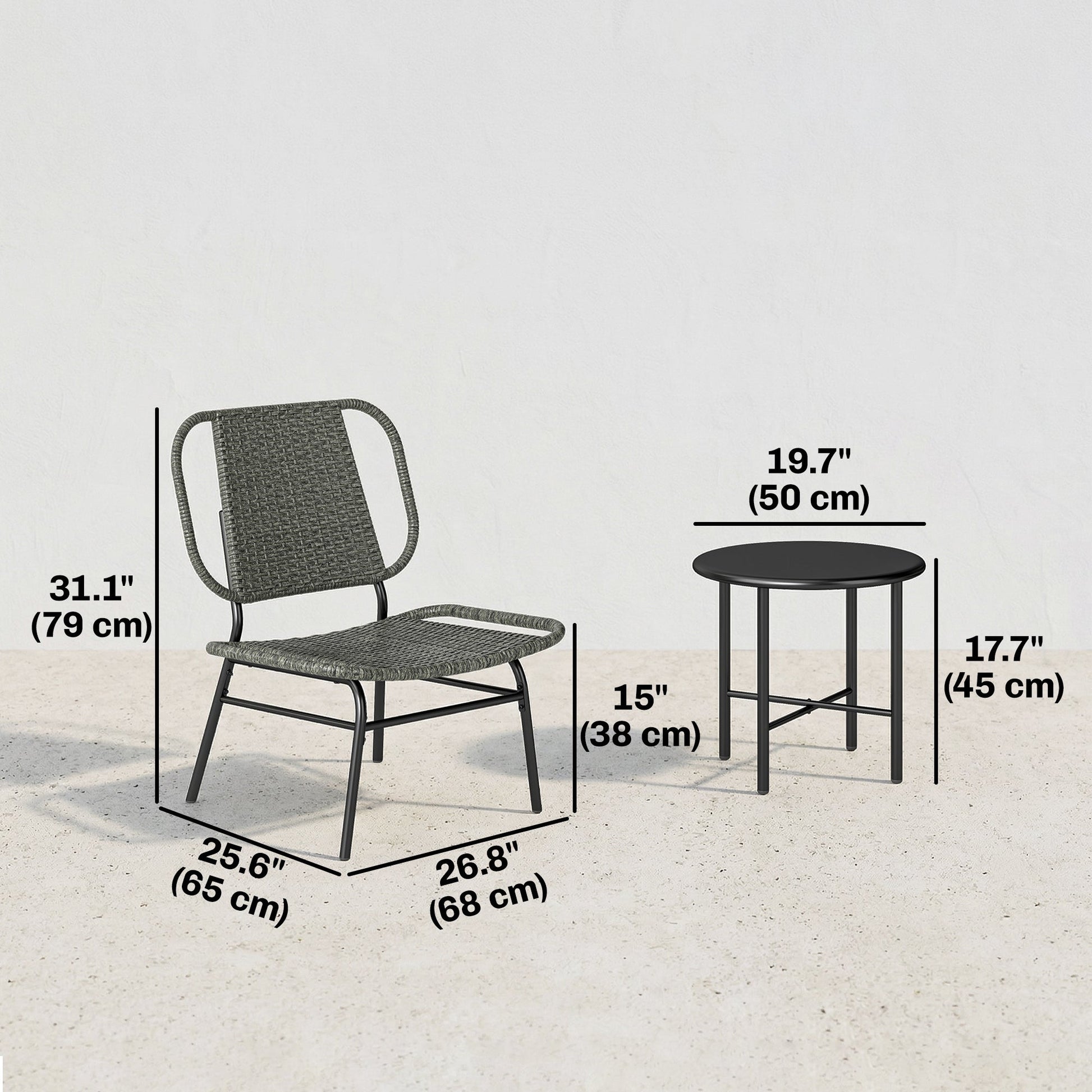 3 Piece Wicker Patio Furniture Set, Outdoor Bistro Set with 2 Armless Chairs, Steel Table, Rattan Outdoor Conversation Furniture for Porch Balcony, Grey