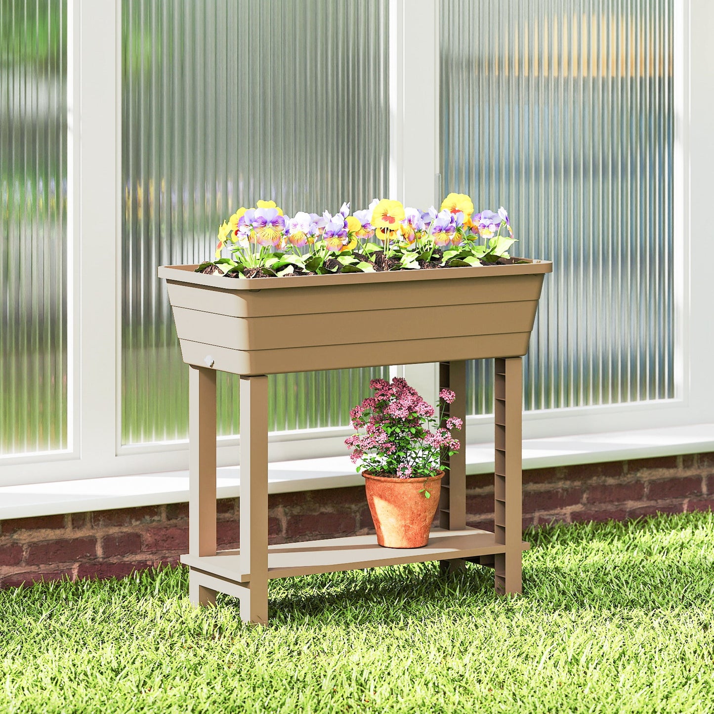 41L Self Watering Raised Garden Bed with Ventilation Transparent Lid Greenhouse, Storage Shelf, Planter Box with Water Level Indicator, 29.5" x 14.2" x 36.2", Brown