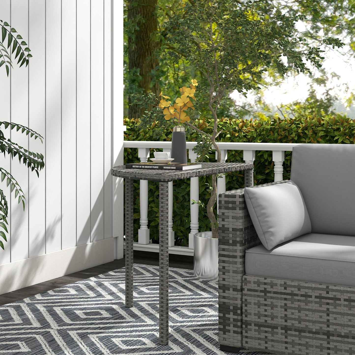 Half Round Side Table, PE Rattan Narrow Coffee Table with Metal Frame for Patio, Garden, Balcony, 39.4" x 19.7" x 29.1", Grey
