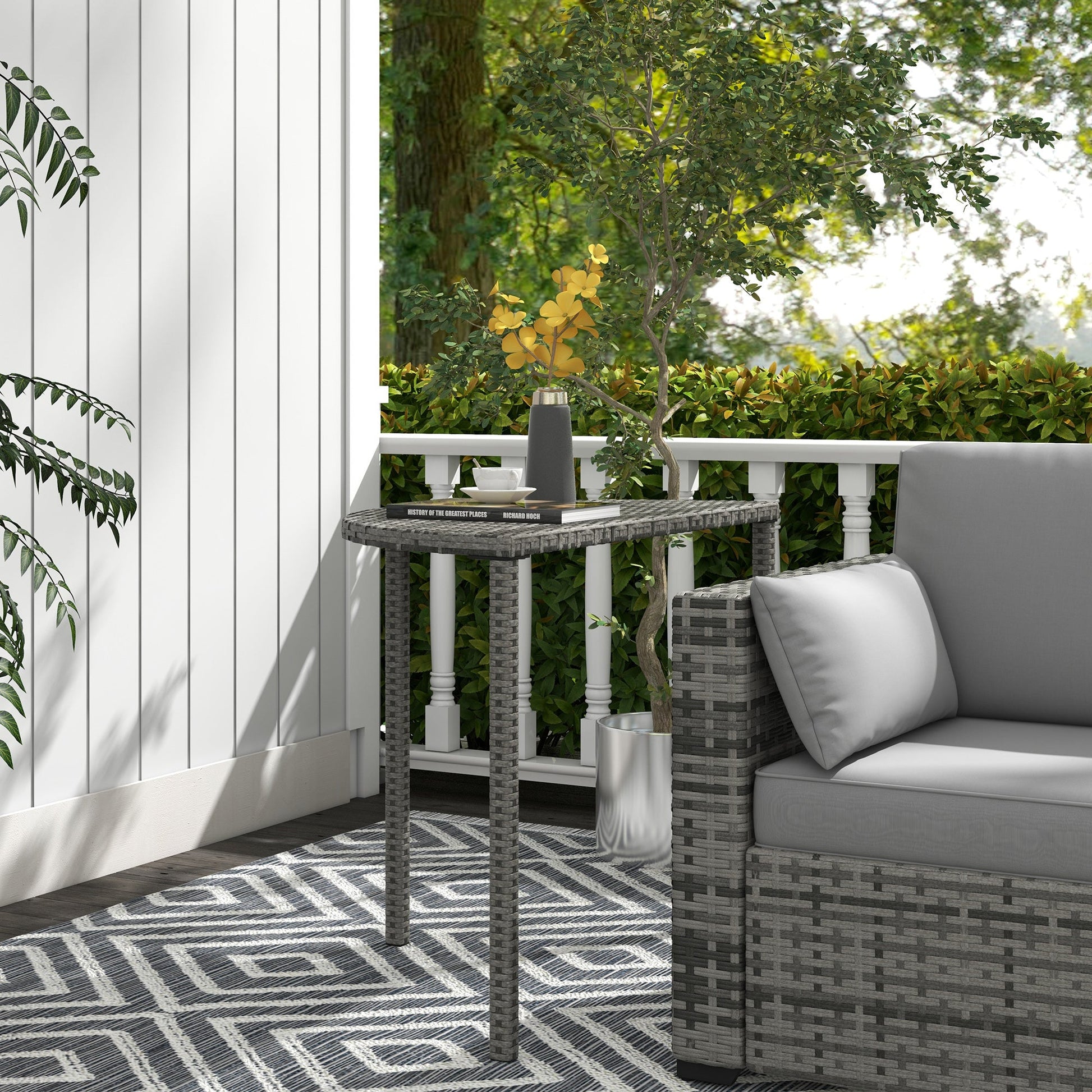 Half Round Side Table, PE Rattan Narrow Coffee Table with Metal Frame for Patio, Garden, Balcony, 39.4" x 19.7" x 29.1", Grey
