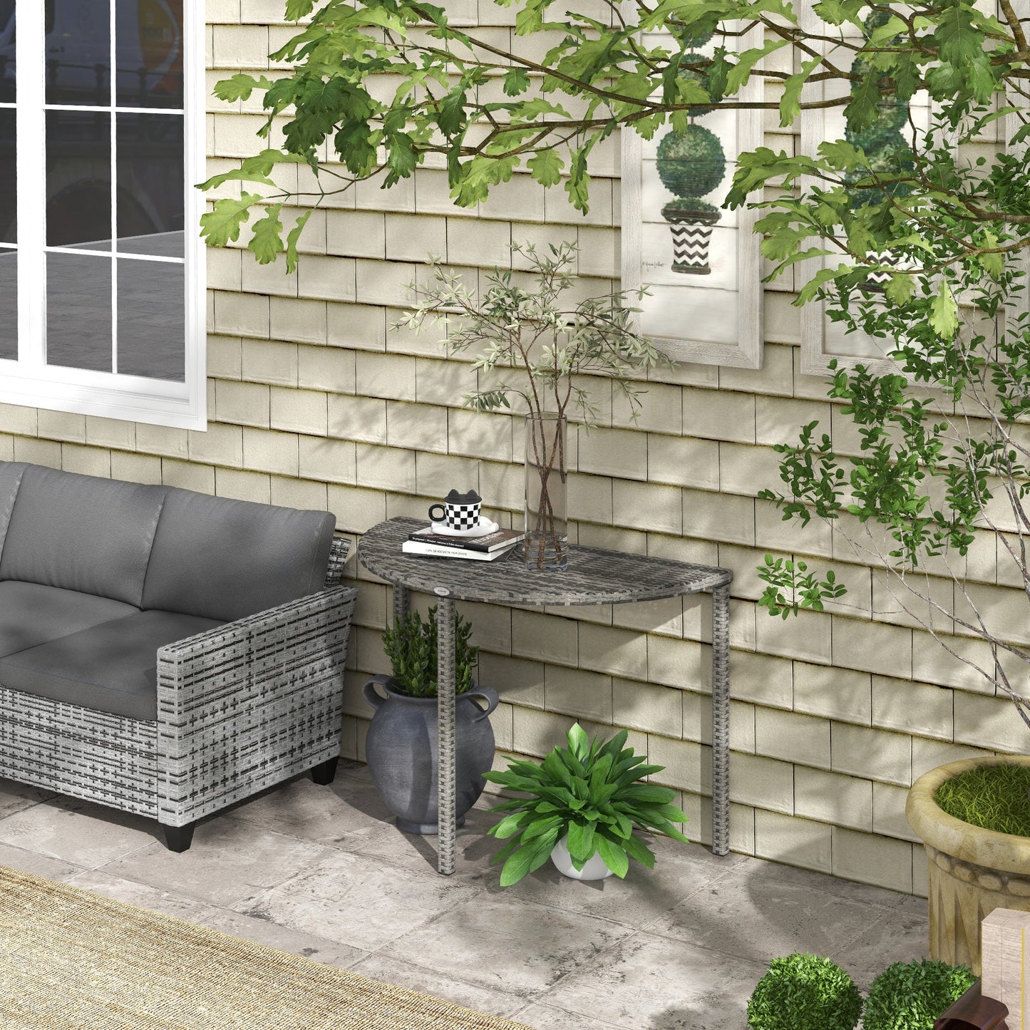 Half Round Side Table, PE Rattan Narrow Coffee Table with Metal Frame for Patio, Garden, Balcony, 39.4" x 19.7" x 29.1", Grey